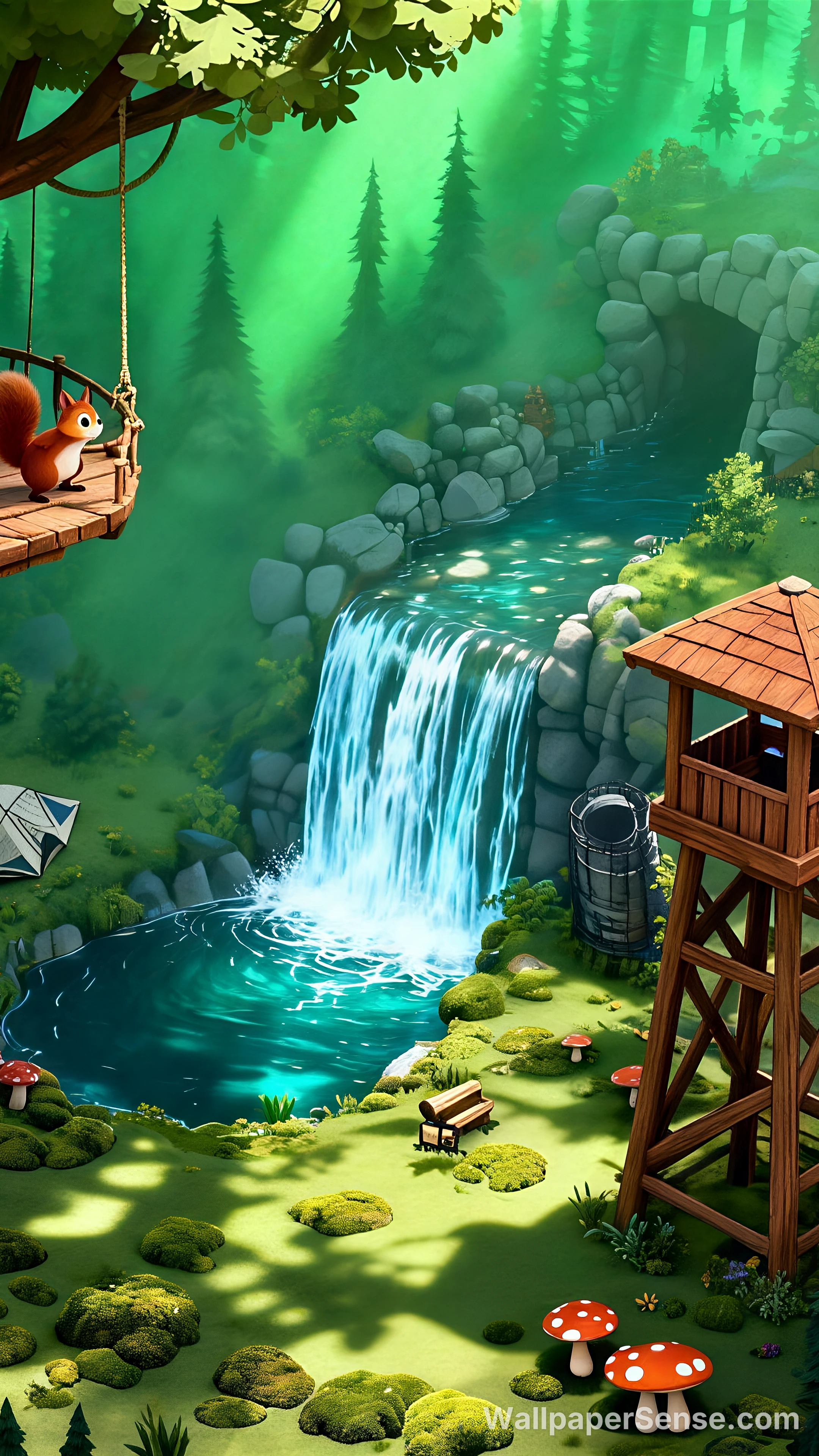 Cartoon Forest Waterfall 4K Desktop Wallpaper