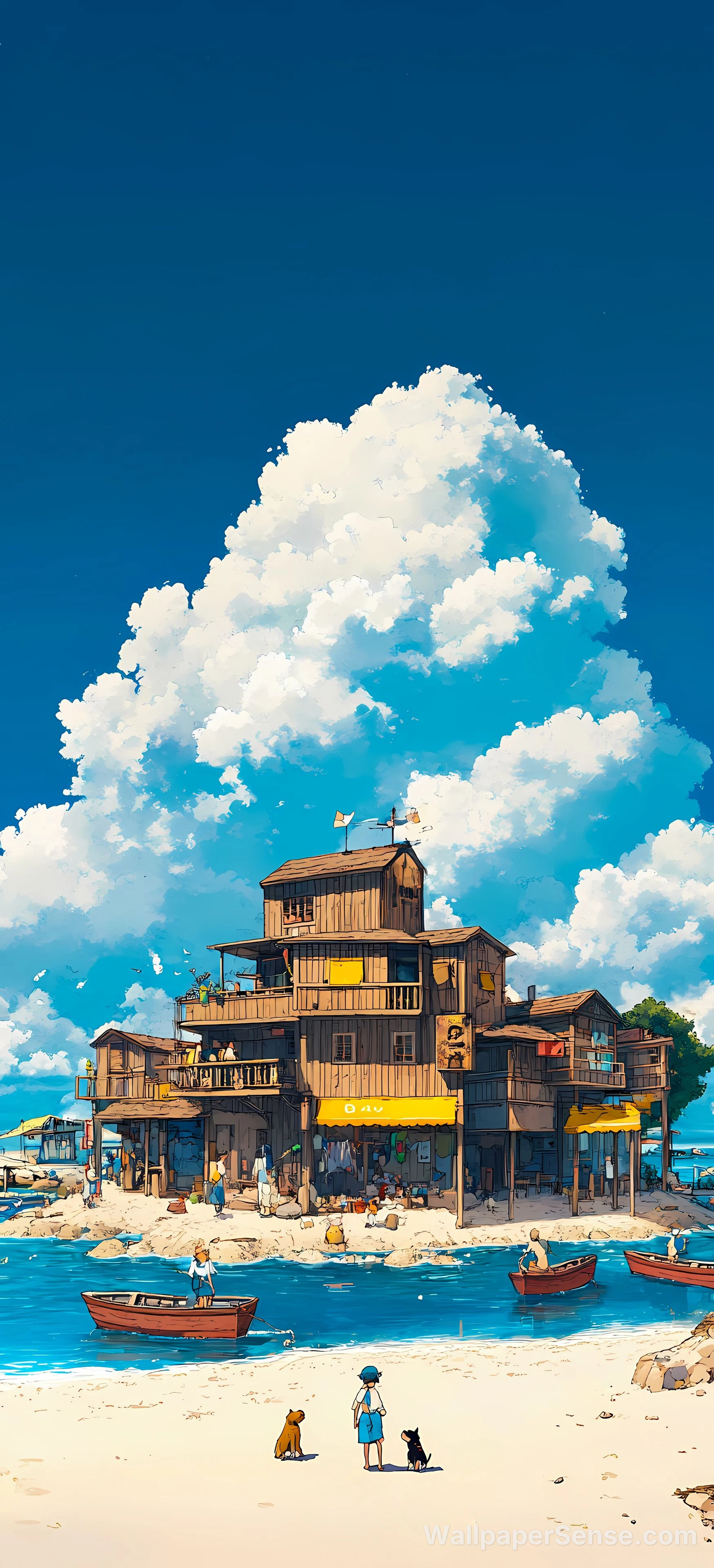 Japonská pobřežní vesnice 8K Ultra HD mobilní pozadí