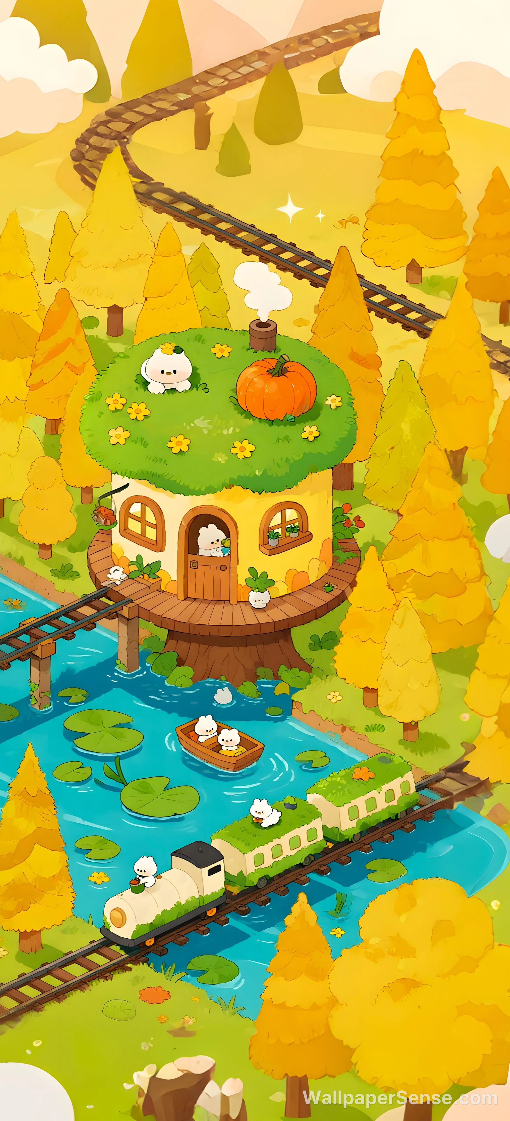 Casa de madeira na floresta outonal kawaii 8K para celular - Free wallpaper in 2944x6464 resolution