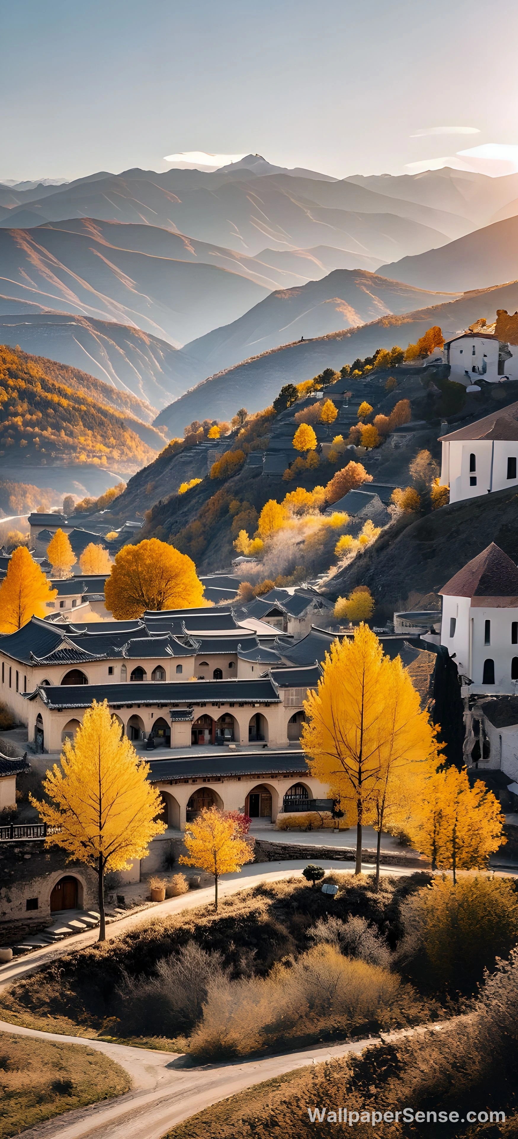 Orientální podzimní vesnice 8K Ultra HD mobilní pozadí