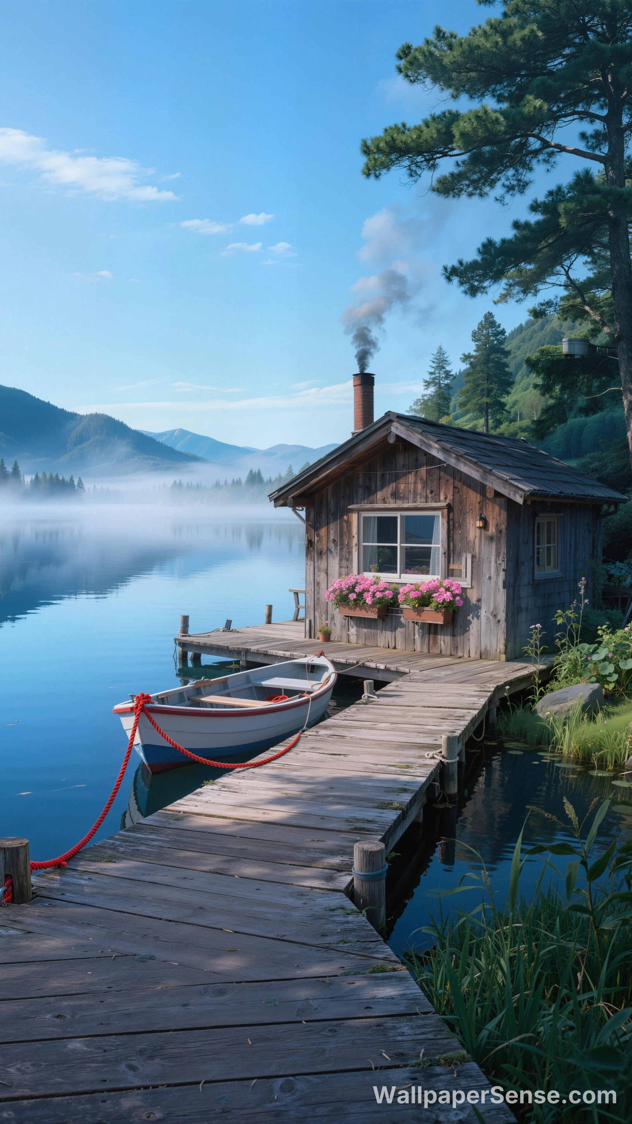 Nordycka drewniana chatka nad jeziorem, tapeta 8K - Premium wallpaper in 4608x8192 resolution