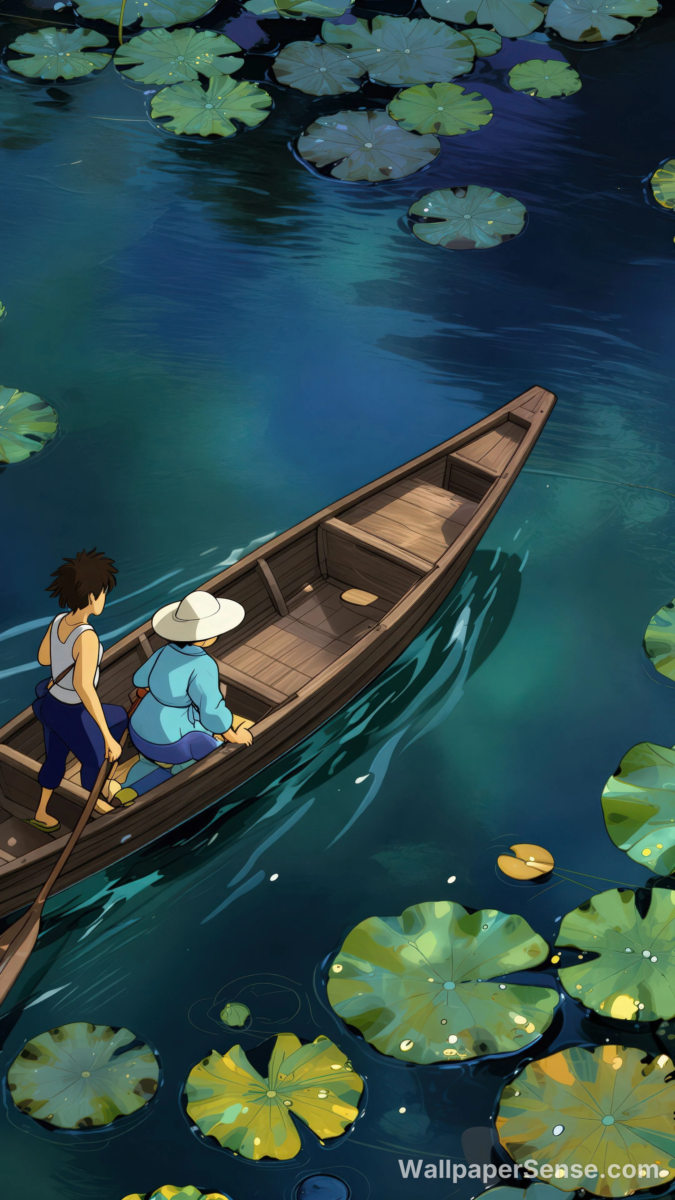 Loď ve stylu Studio Ghibli na kalendulovém rybníku 8K ultra HD mobilní pozadí