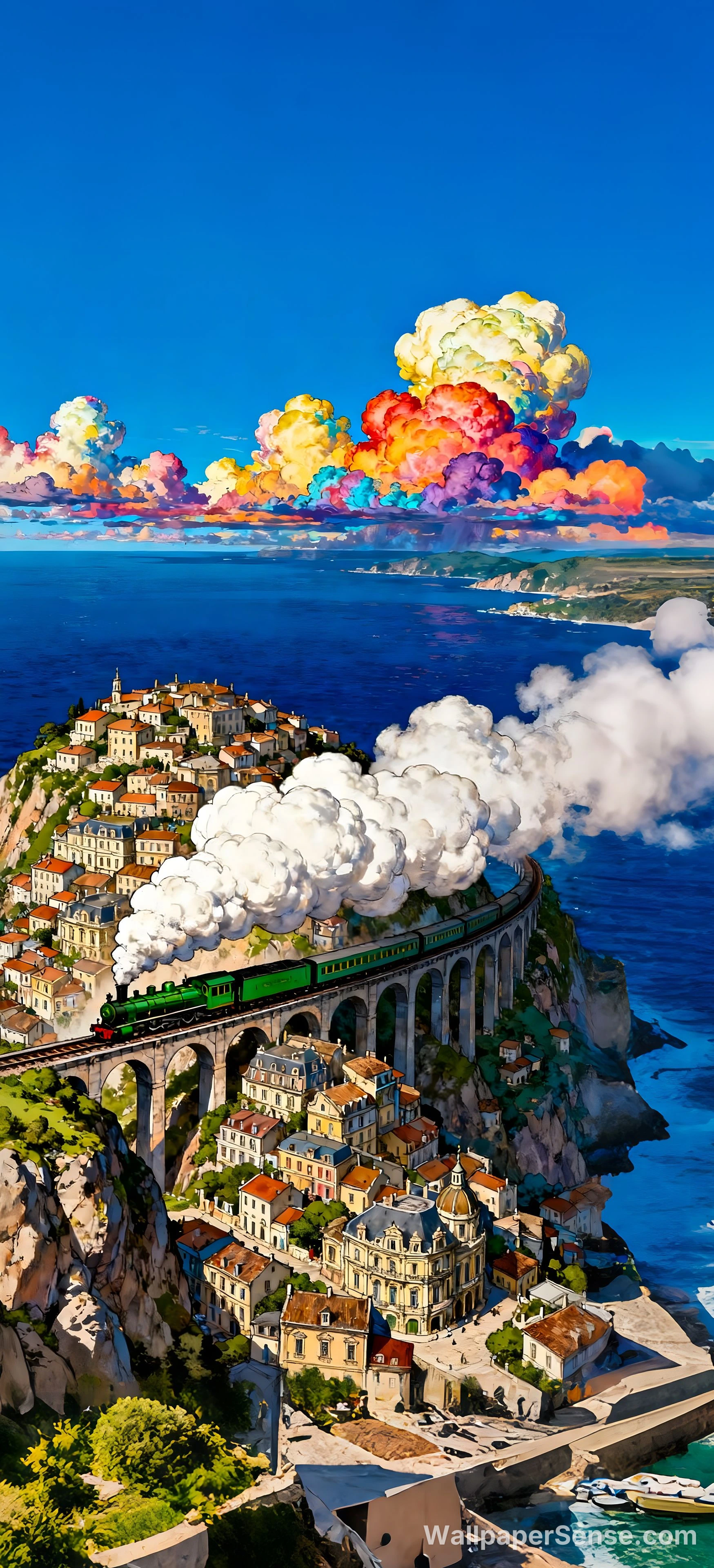 Kolekce 4K 8K fotografií pobřežní vesnice a vlak s orientálním uměním - Studio Ghibli Přístavní vesnice vlak 8K Ultra HD mobilní pozadí