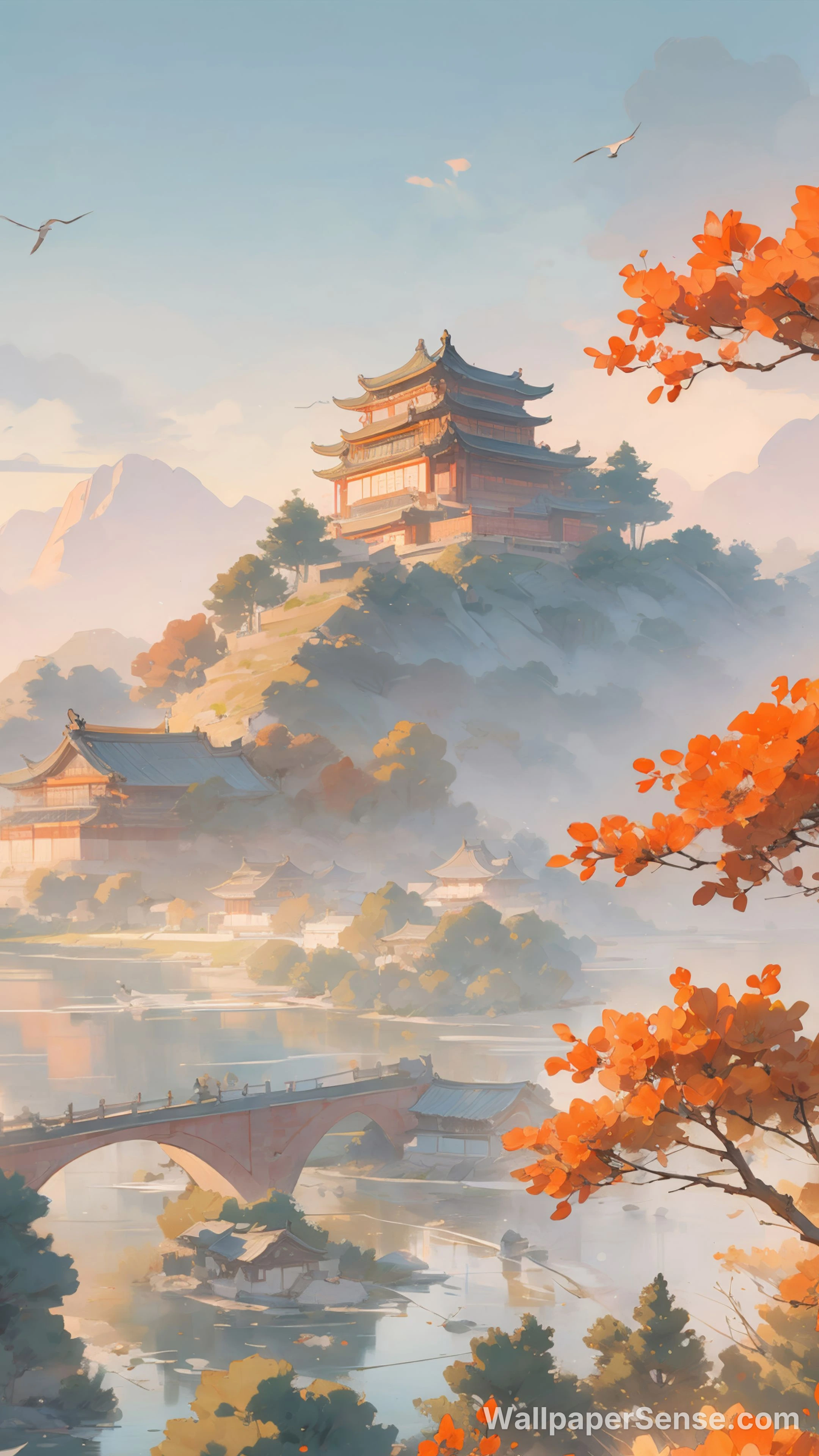 Chinese Style Ancient Pagoda Autumn Scene 8K Ultra HD Desktop Wallpaper