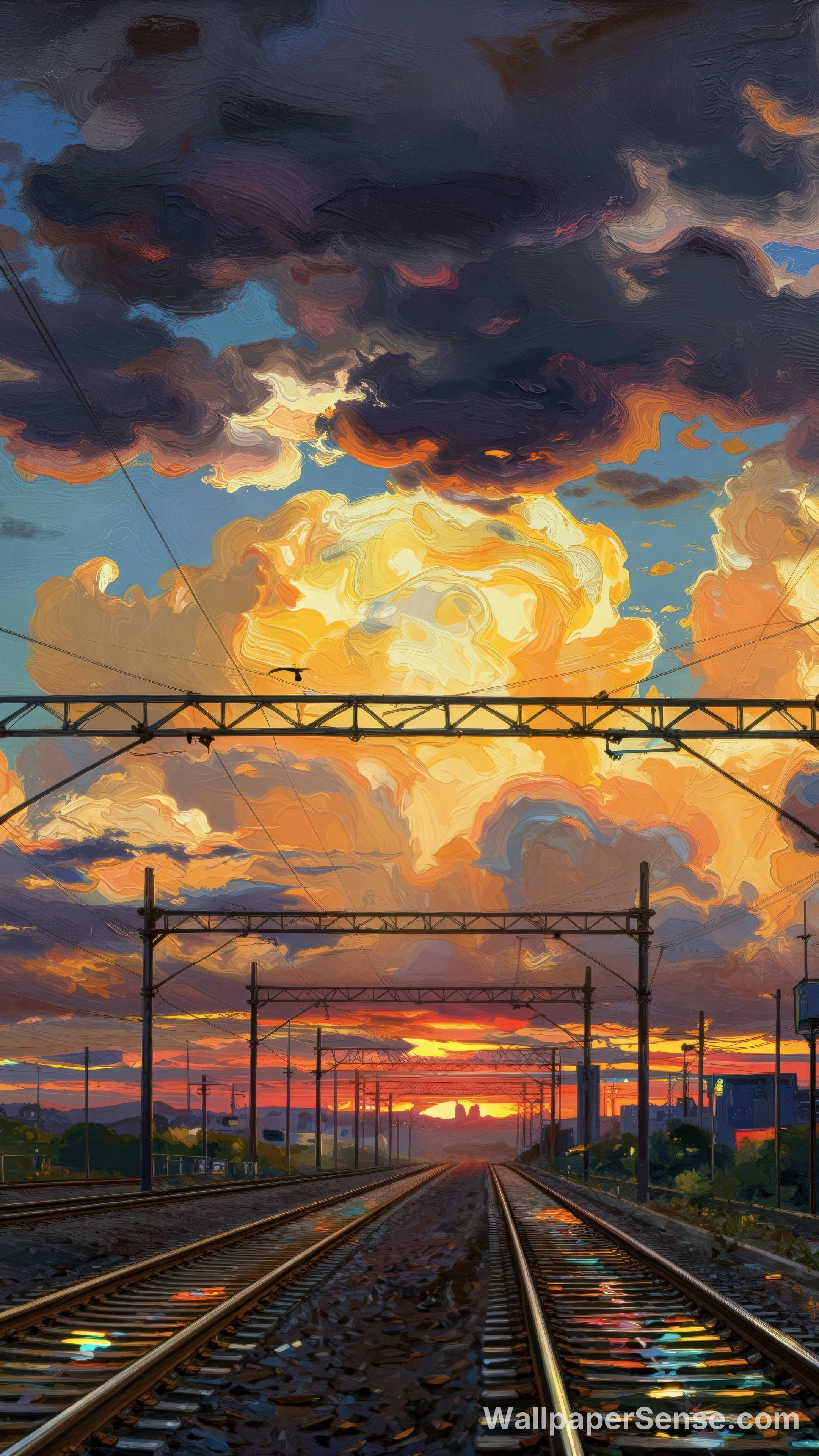 Anime-style železniční západ slunce 8K Ultra HD mobilní pozadí