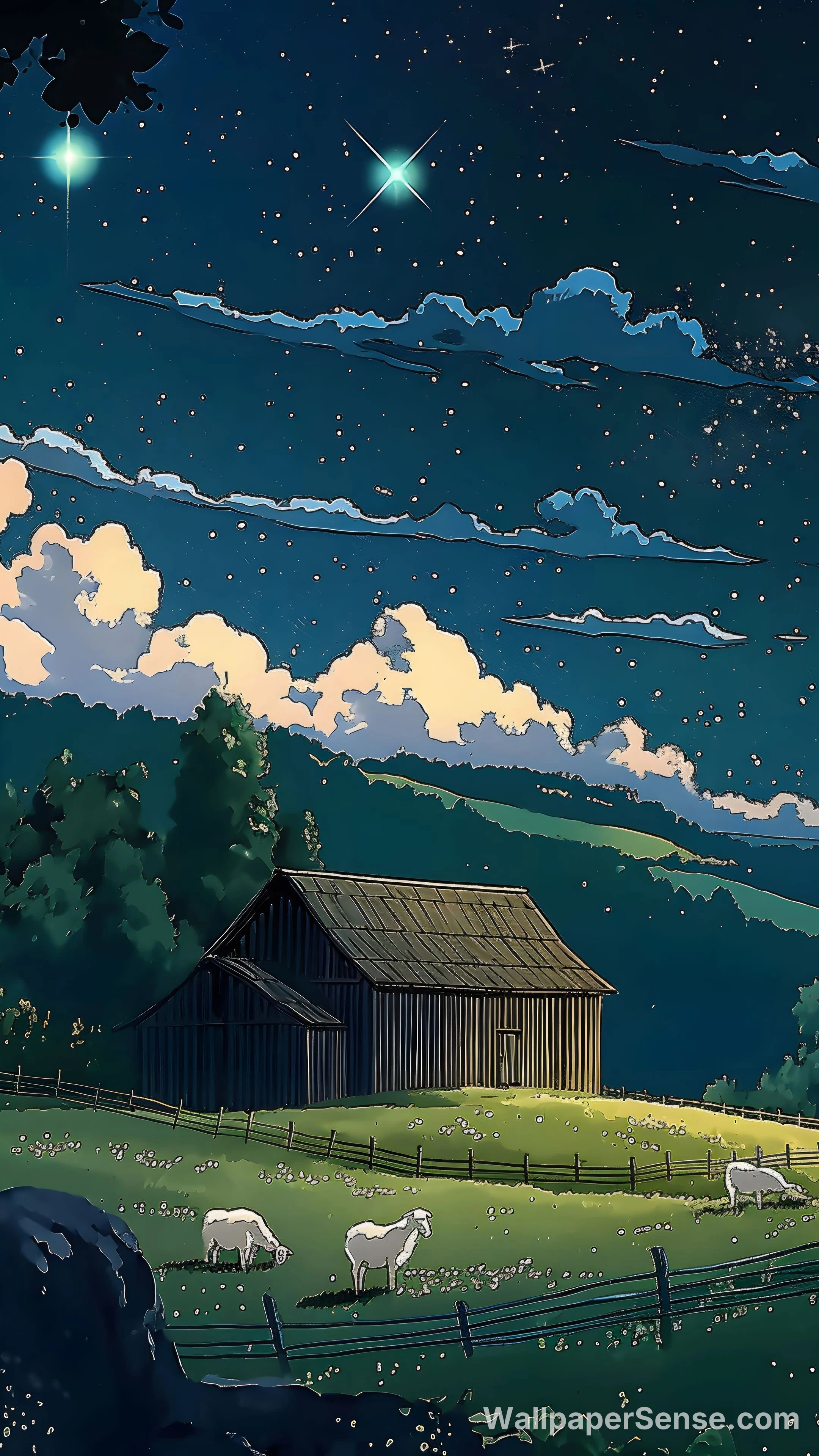 Miyazaki-Style Night Sky Pasture 8K Desktop Wallpaper