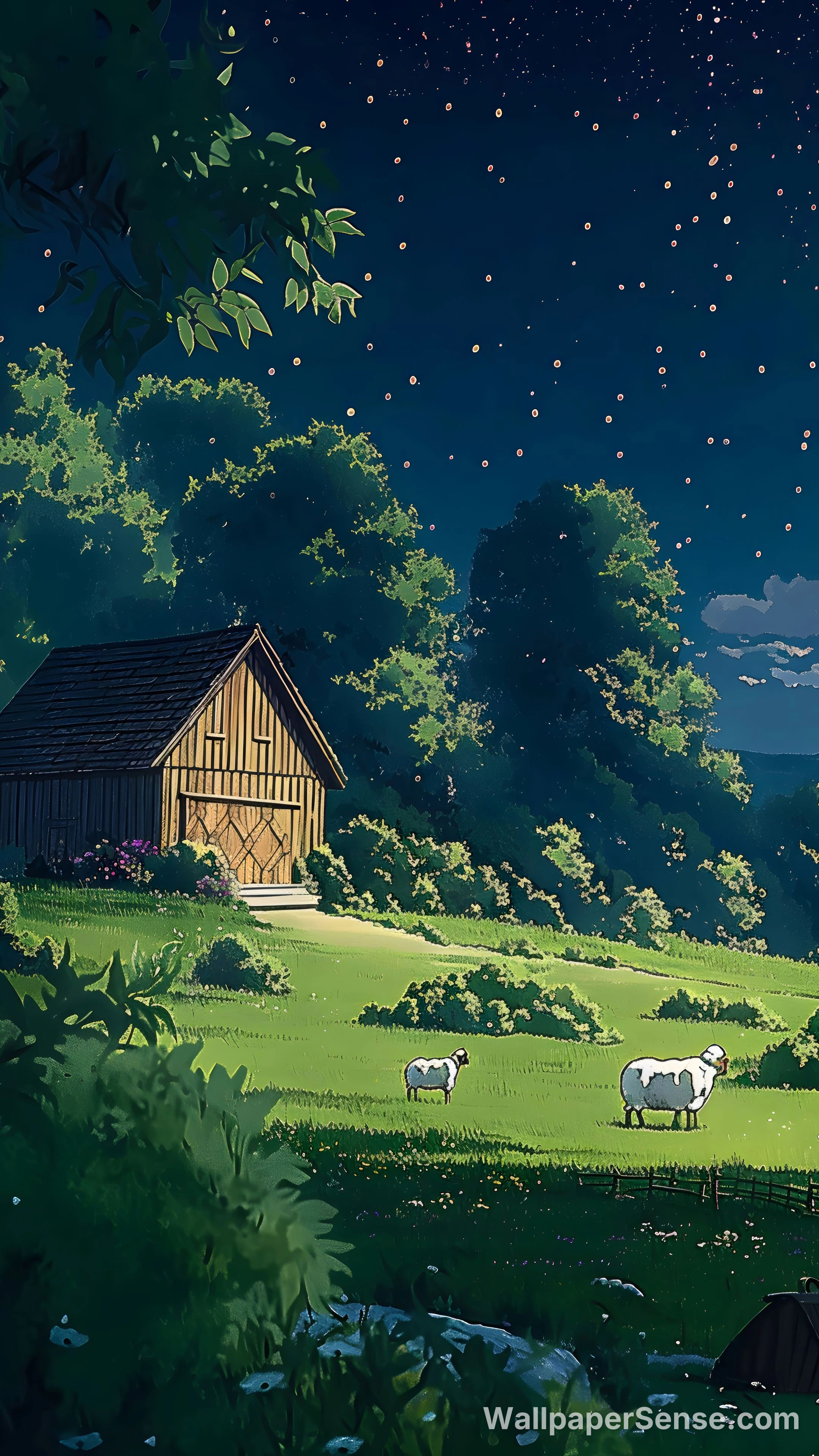 Miyazaki-Style Night Pasture 8K Desktop Wallpaper