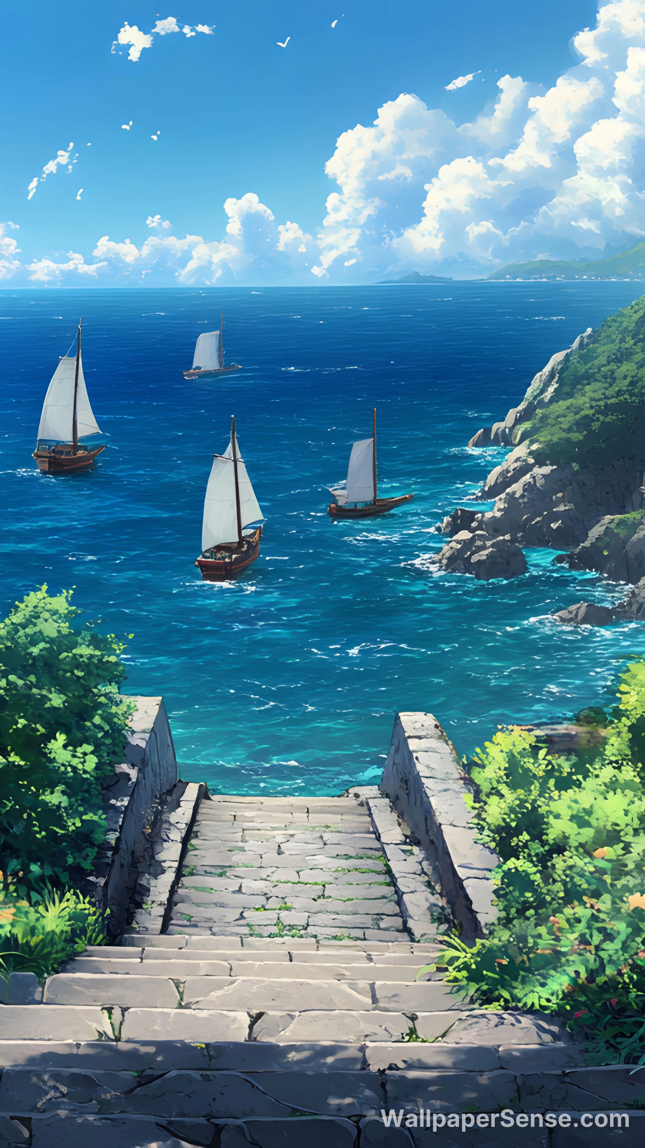 Japansk anime-stil havkyst med sejlskibe, 8K desktopbaggrund