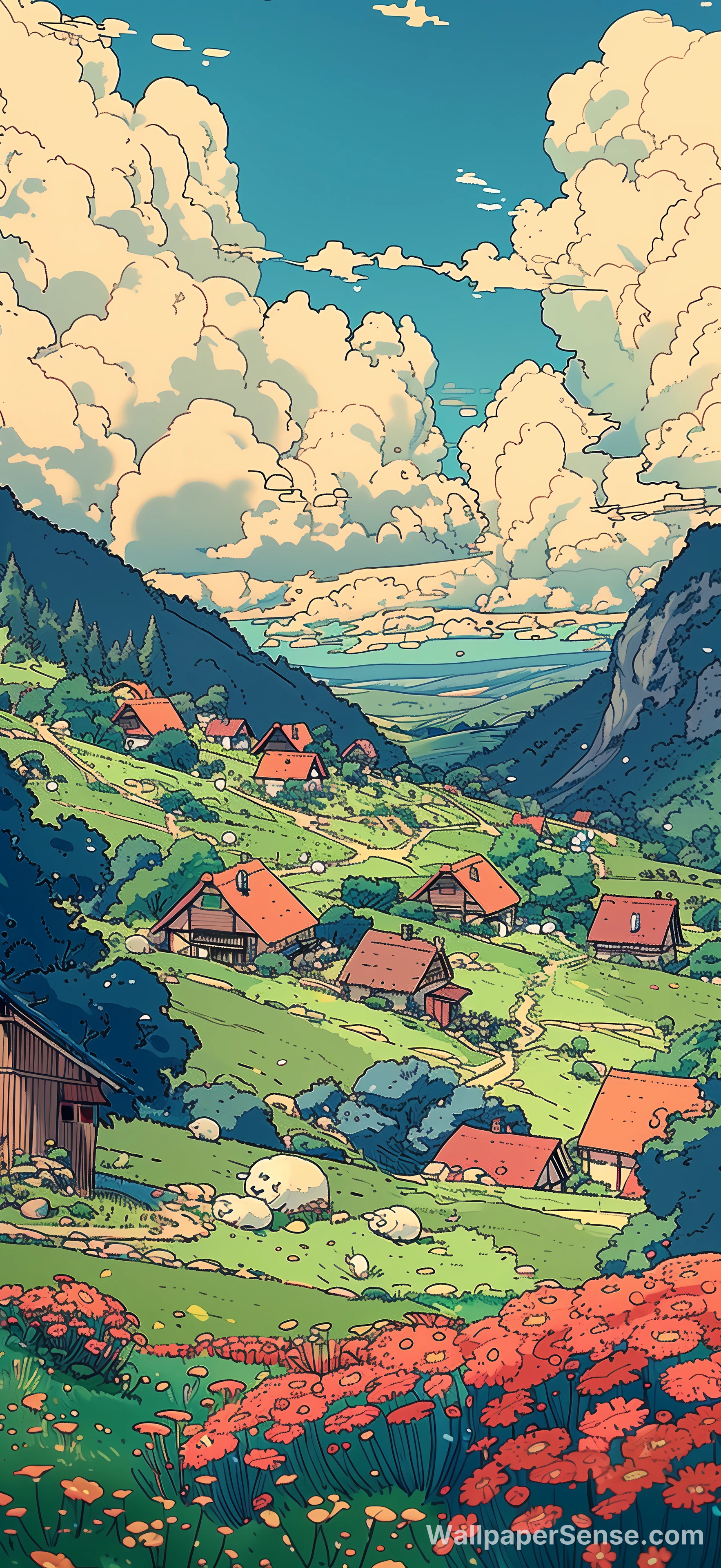 Anime Alpen-dorp 8K Ultra HD Telefoonachtergrond