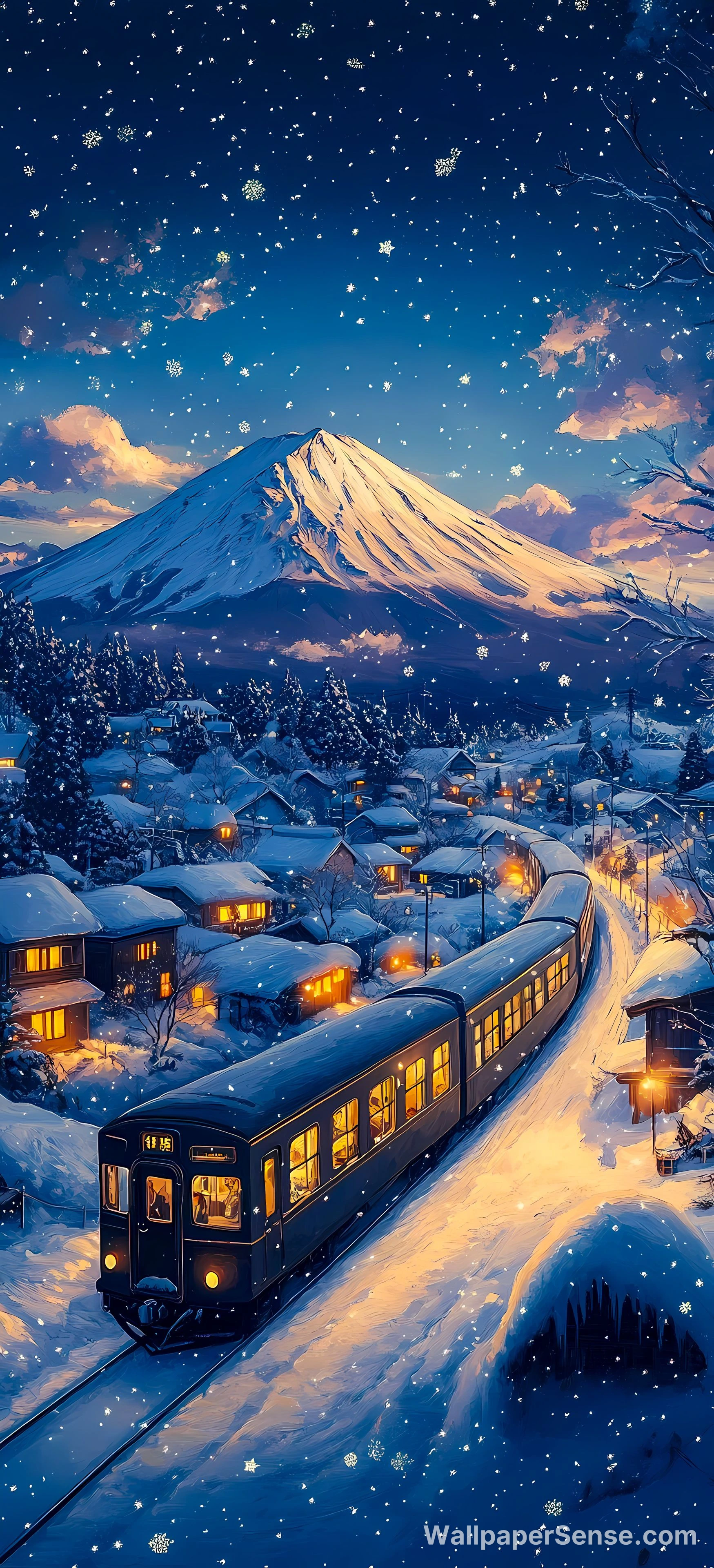 Japonský zimní vlak 8K ultra HD mobilní pozadí