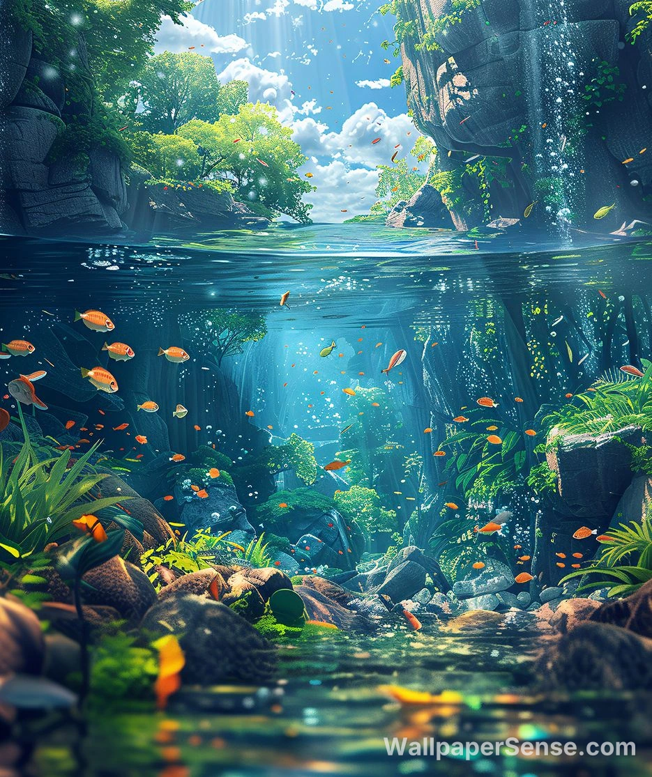 Oriental Art Underwater River 4K Phone Wallpaper