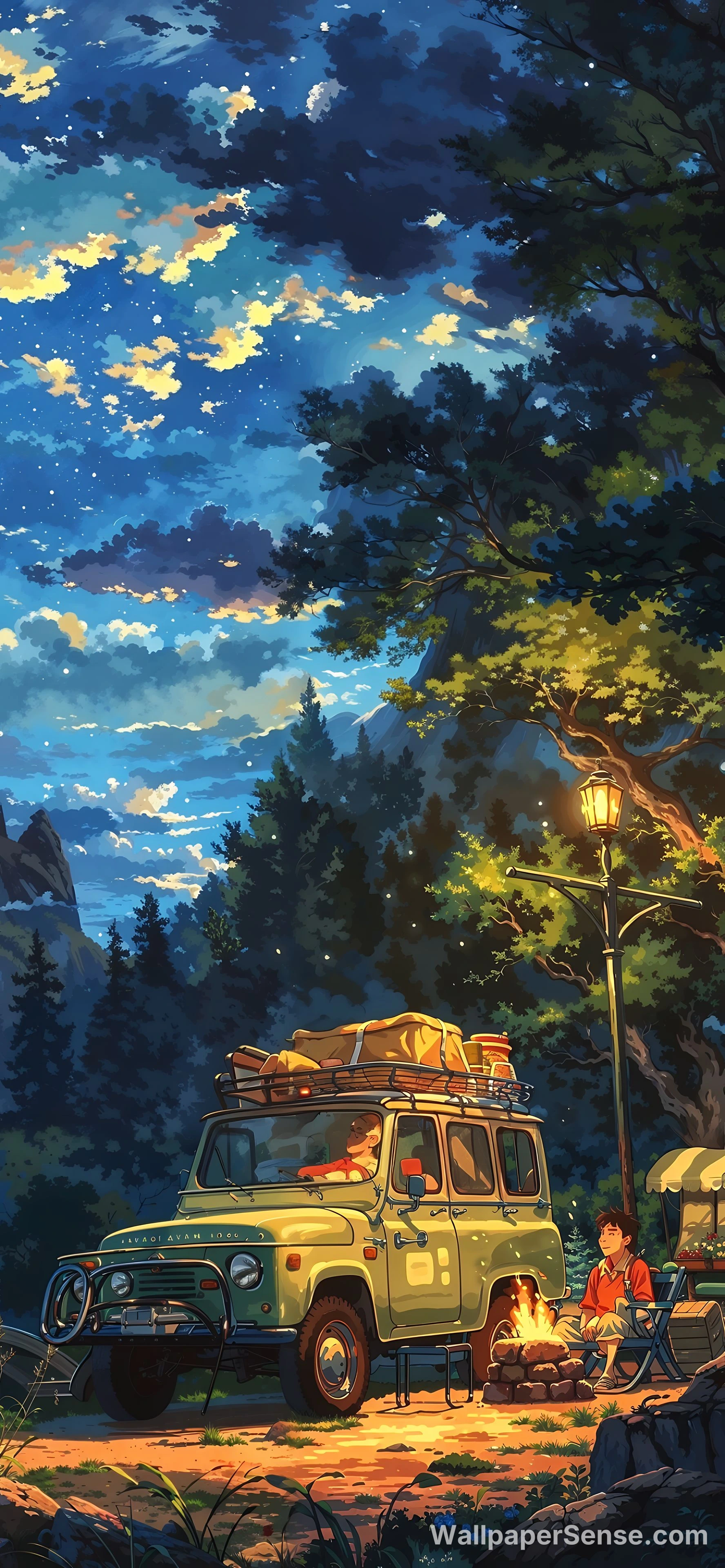 Studio Ghibli-stijl kampvuurwagen nacht 8K telefoonachtergrond