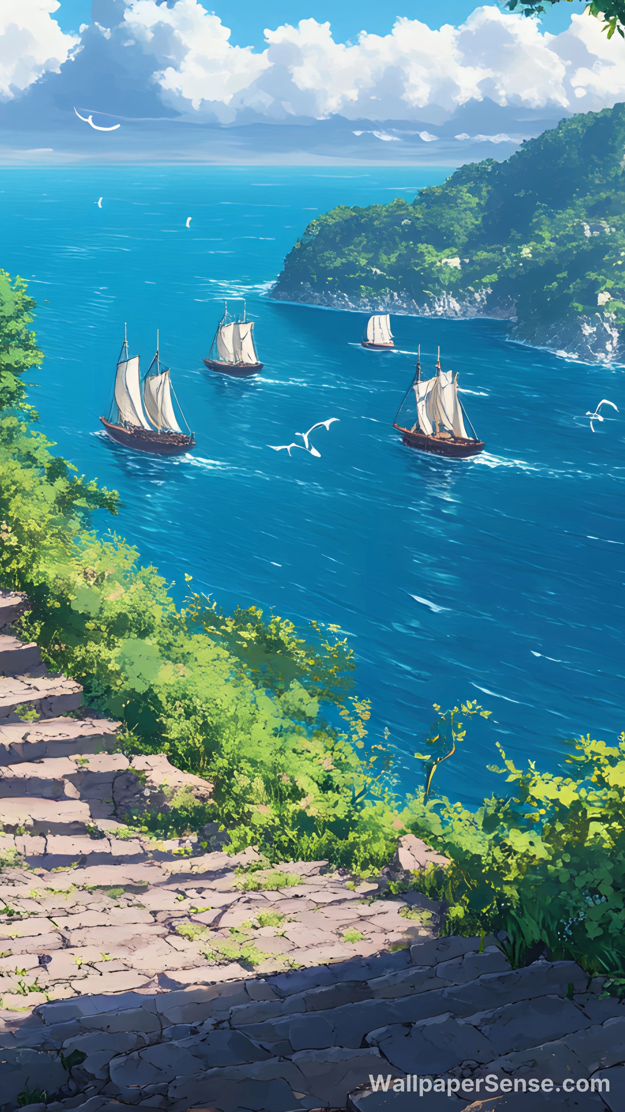 Japansk anime-stil havkyst med sejlskibe, 8K baggrundsbillede