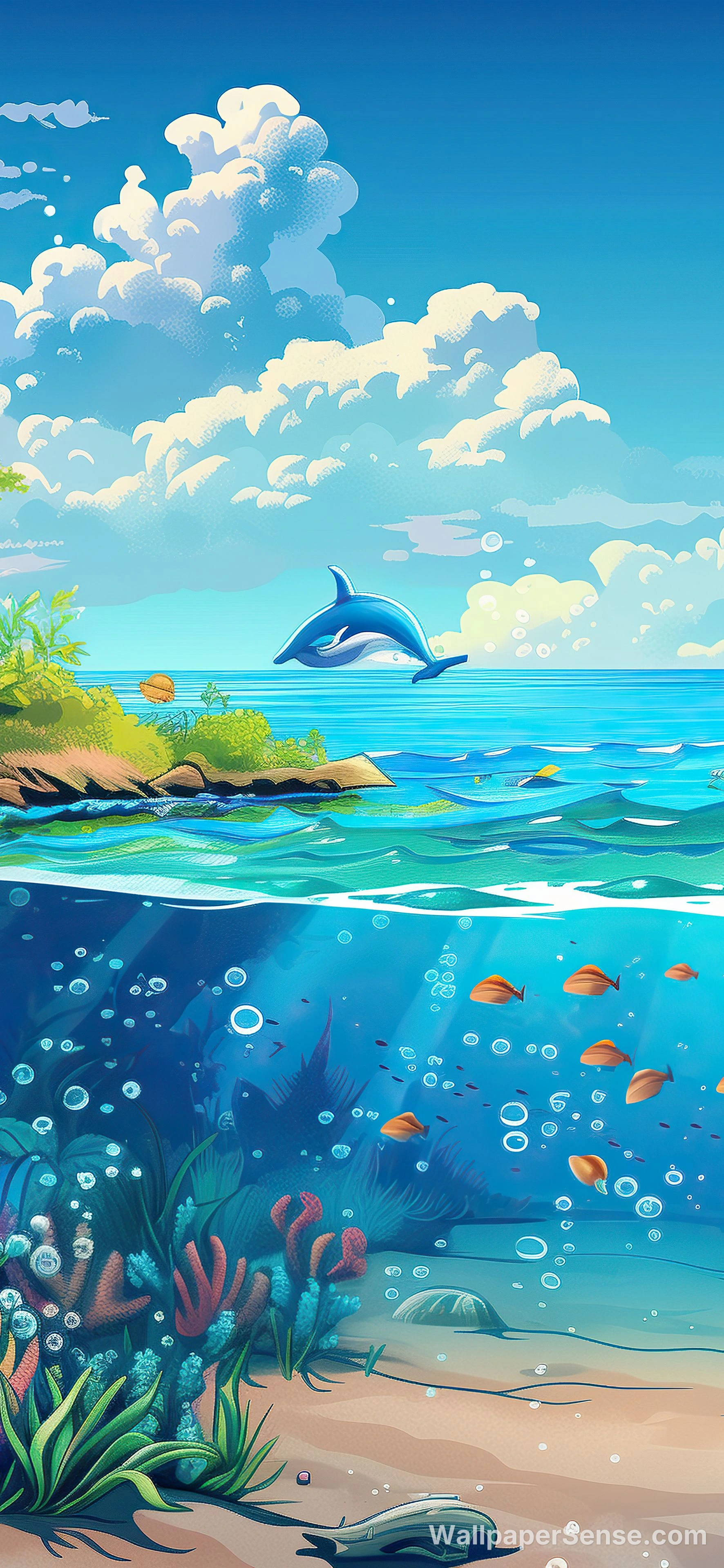 Cartoon Ocean Dolphin Scene 8K Ultra HD Phone Wallpaper