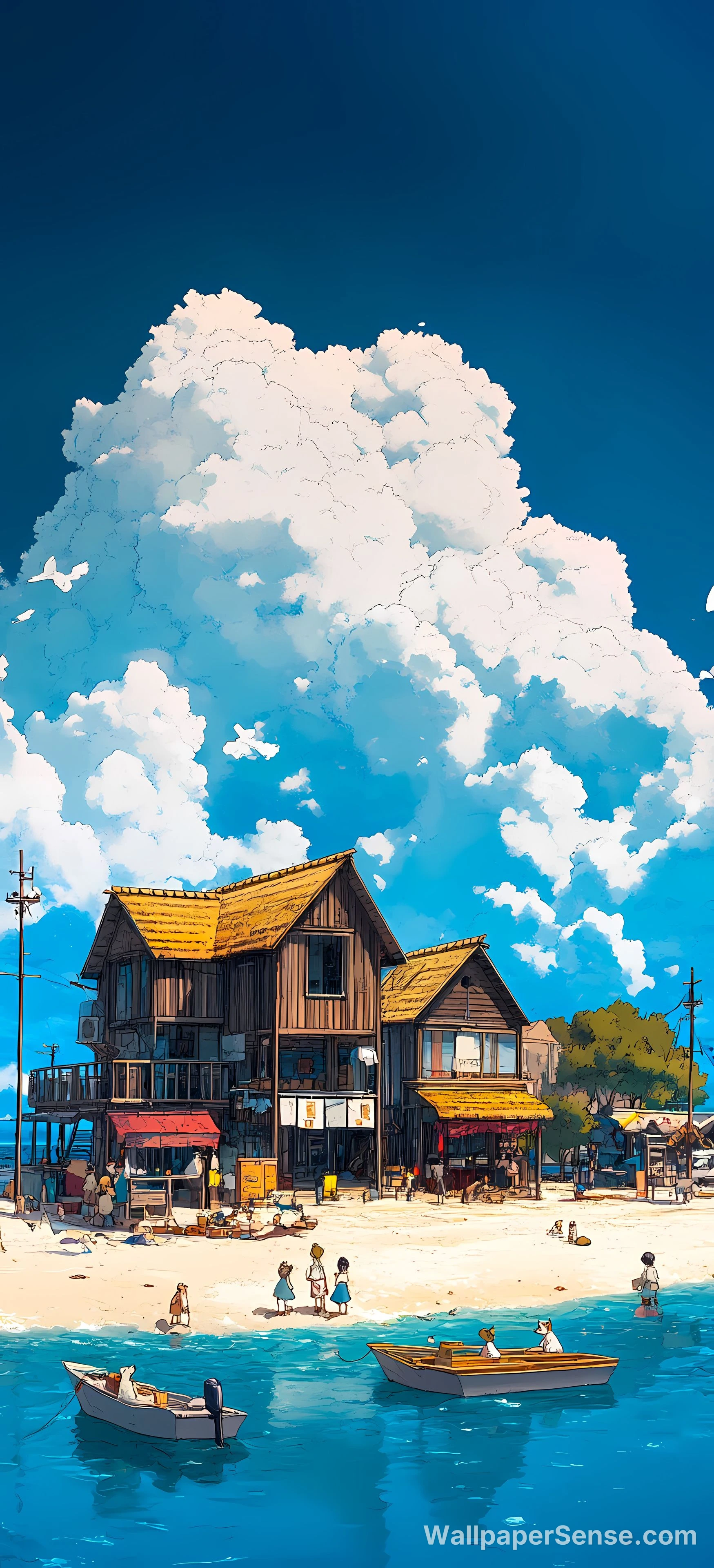 Japonská pobřežní vesnice 8K Ultra HD mobilní pozadí