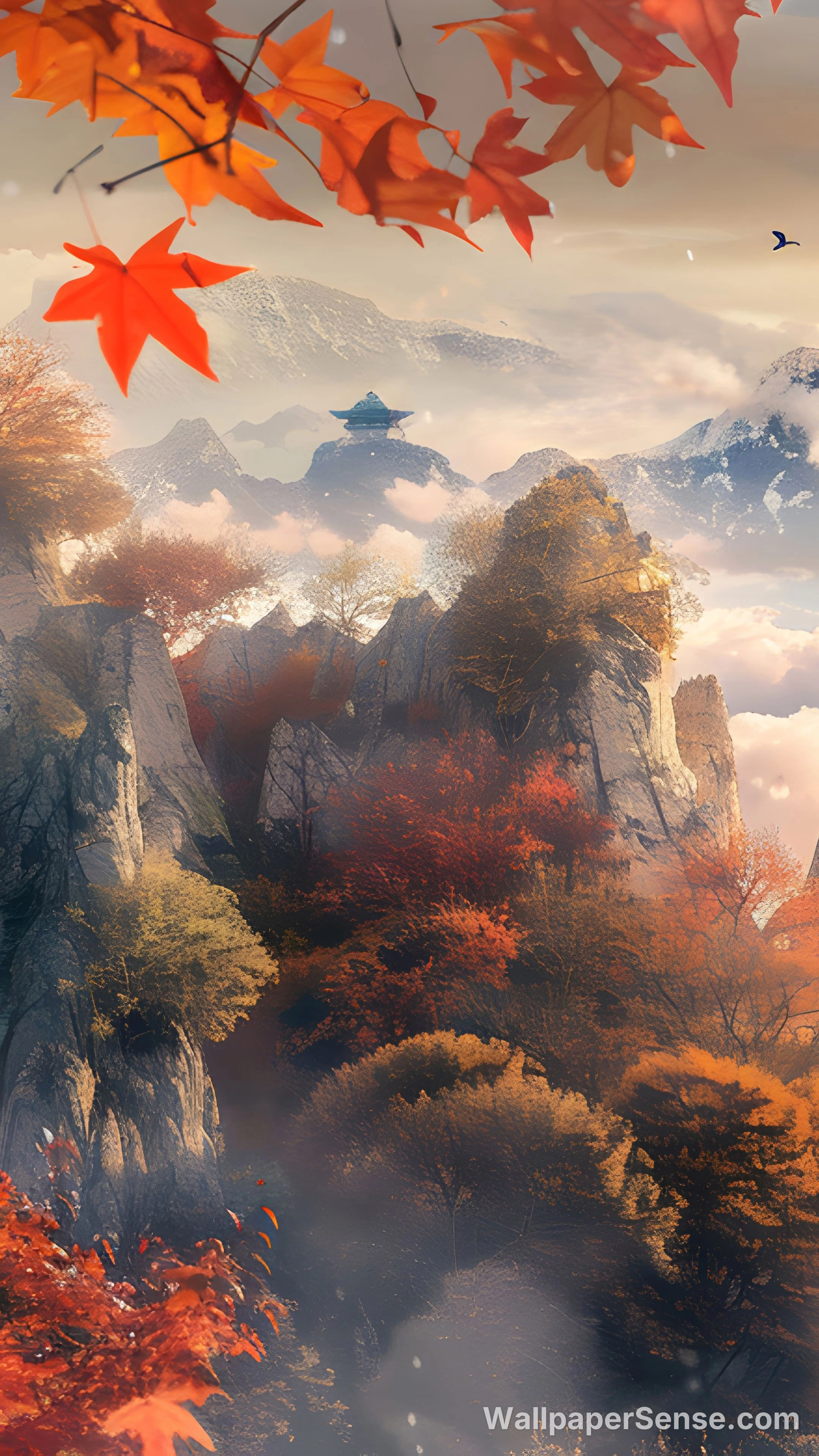 Chinese Style Autumn Mountains Maple Leaves 8K Desktop Wallpaper