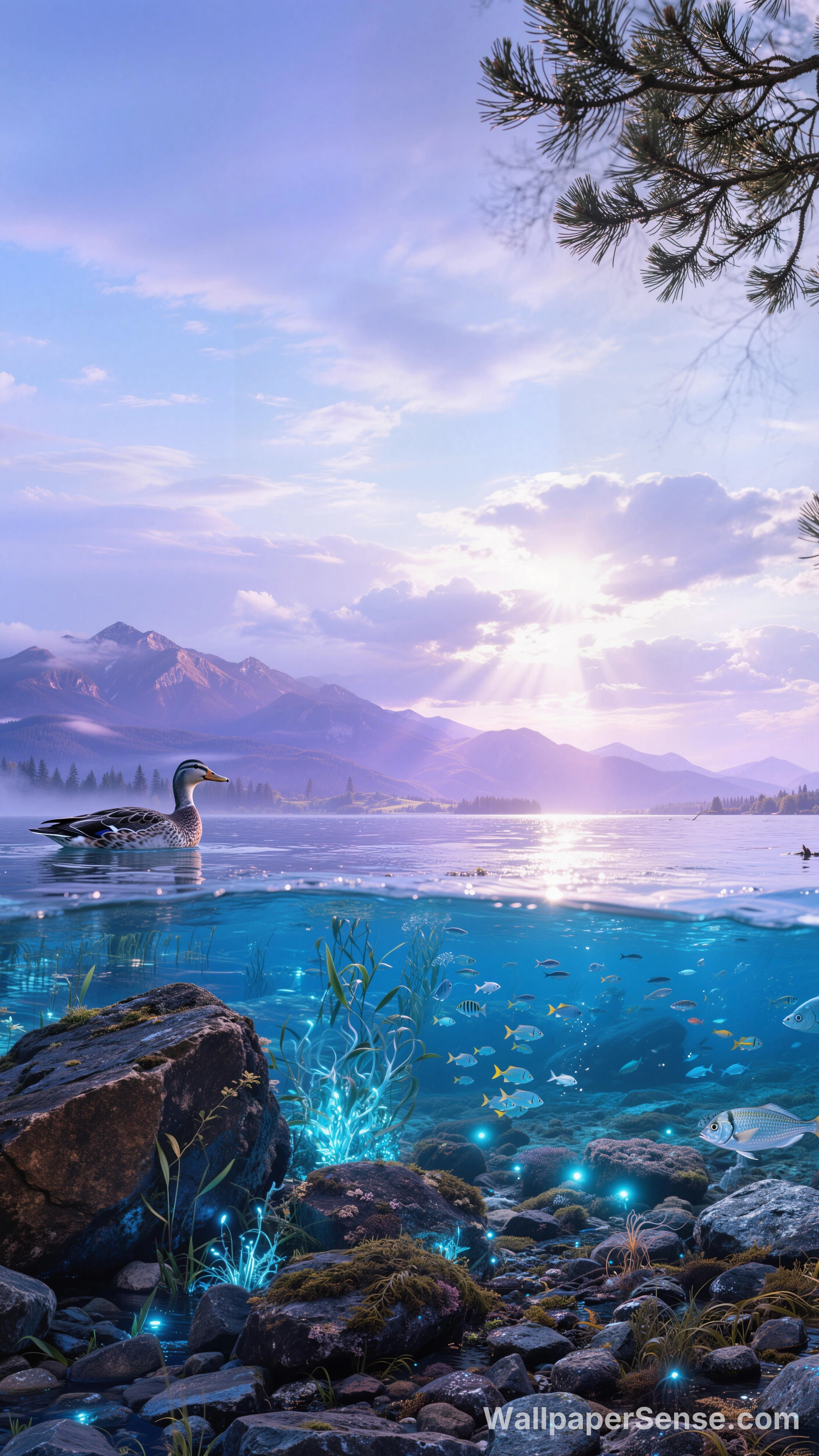 환상적인 호수 풍경과 오리 실루엣 8K 데스크톱 월페이퍼 - Premium wallpaper in 3717x6608 resolution