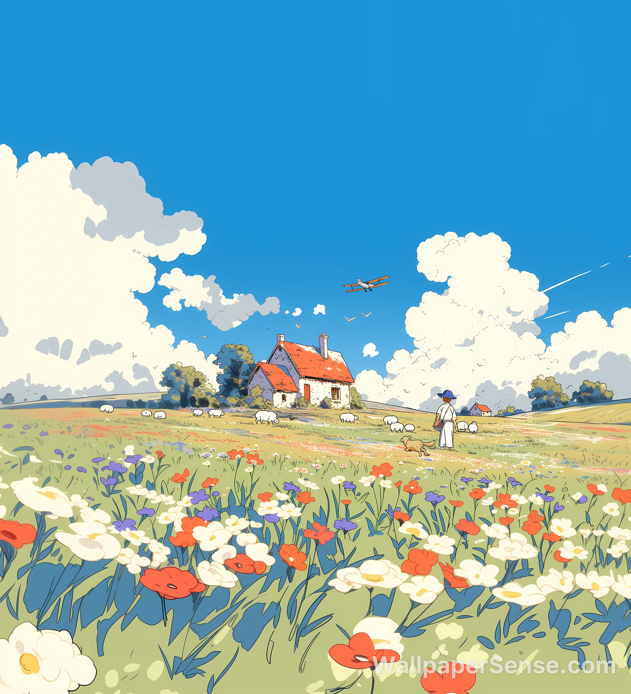 Studio Ghibli Style Flower Field 8K Ultra HD Phone Wallpaper