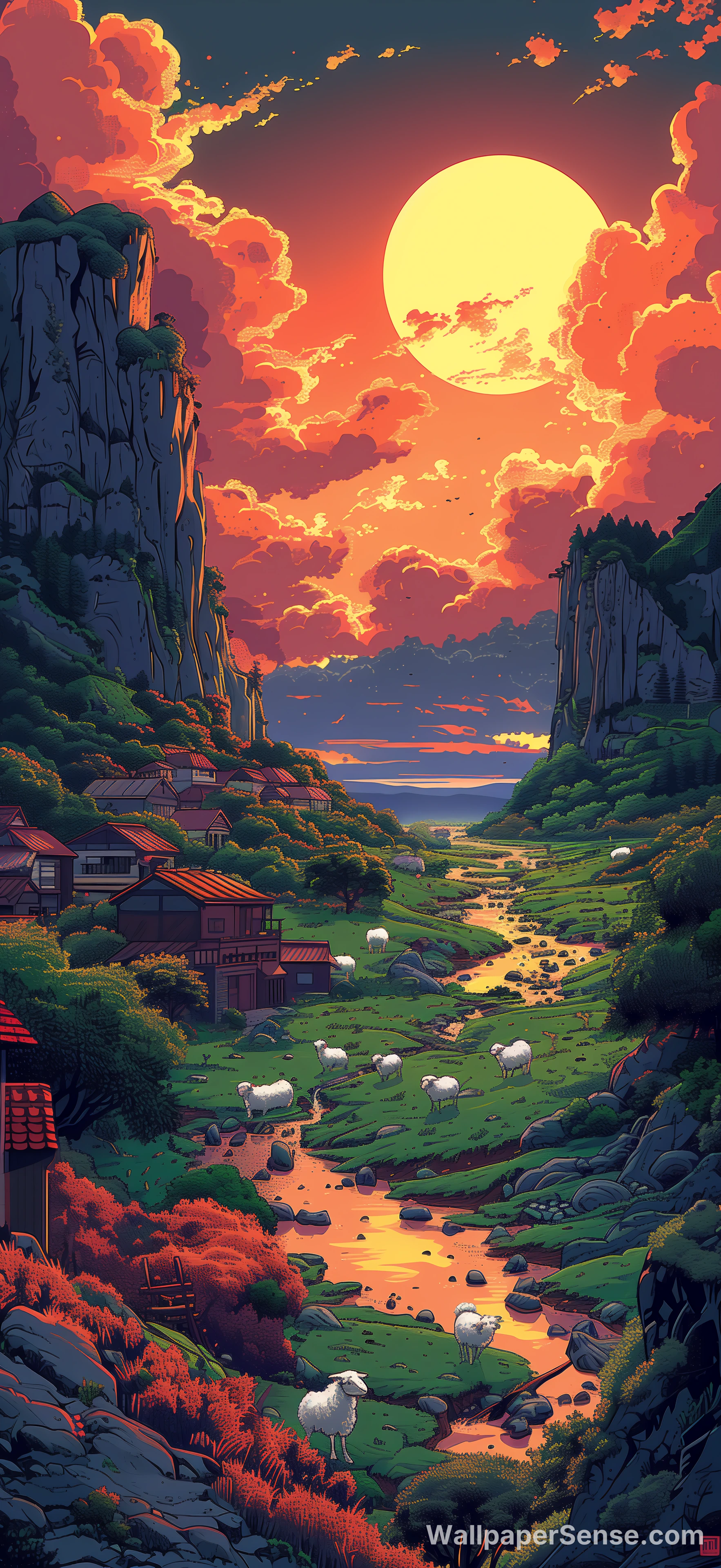 Japanse animatievallei bij zonsondergang 8K Ultra HD telefoonachtergrond