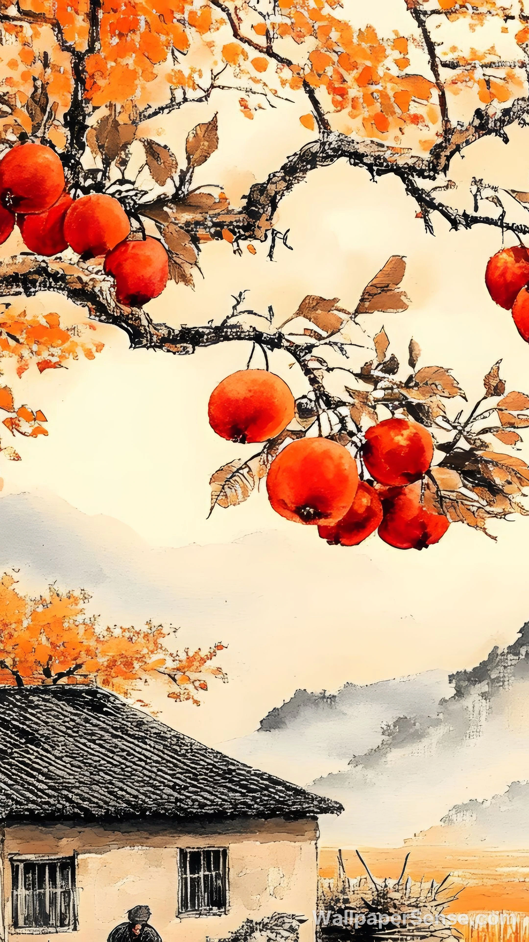 Chinese Style Persimmon Tree 8K Desktop Wallpaper