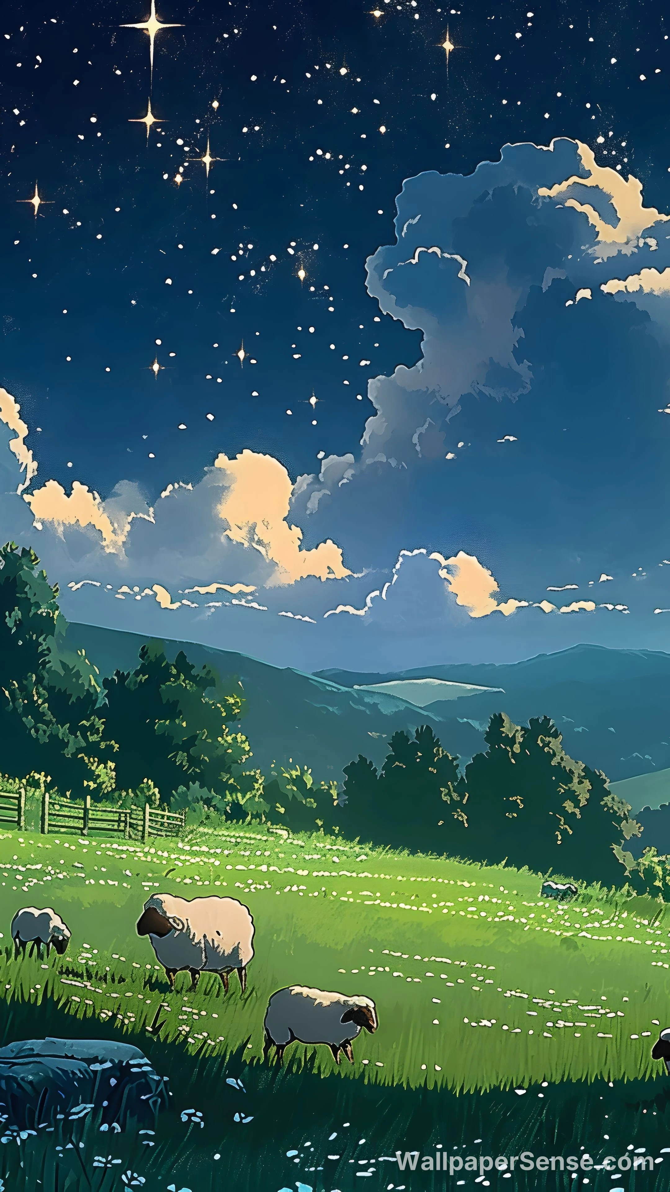 Miyazaki-Style Night Sky with Sheep 8K Desktop Wallpaper