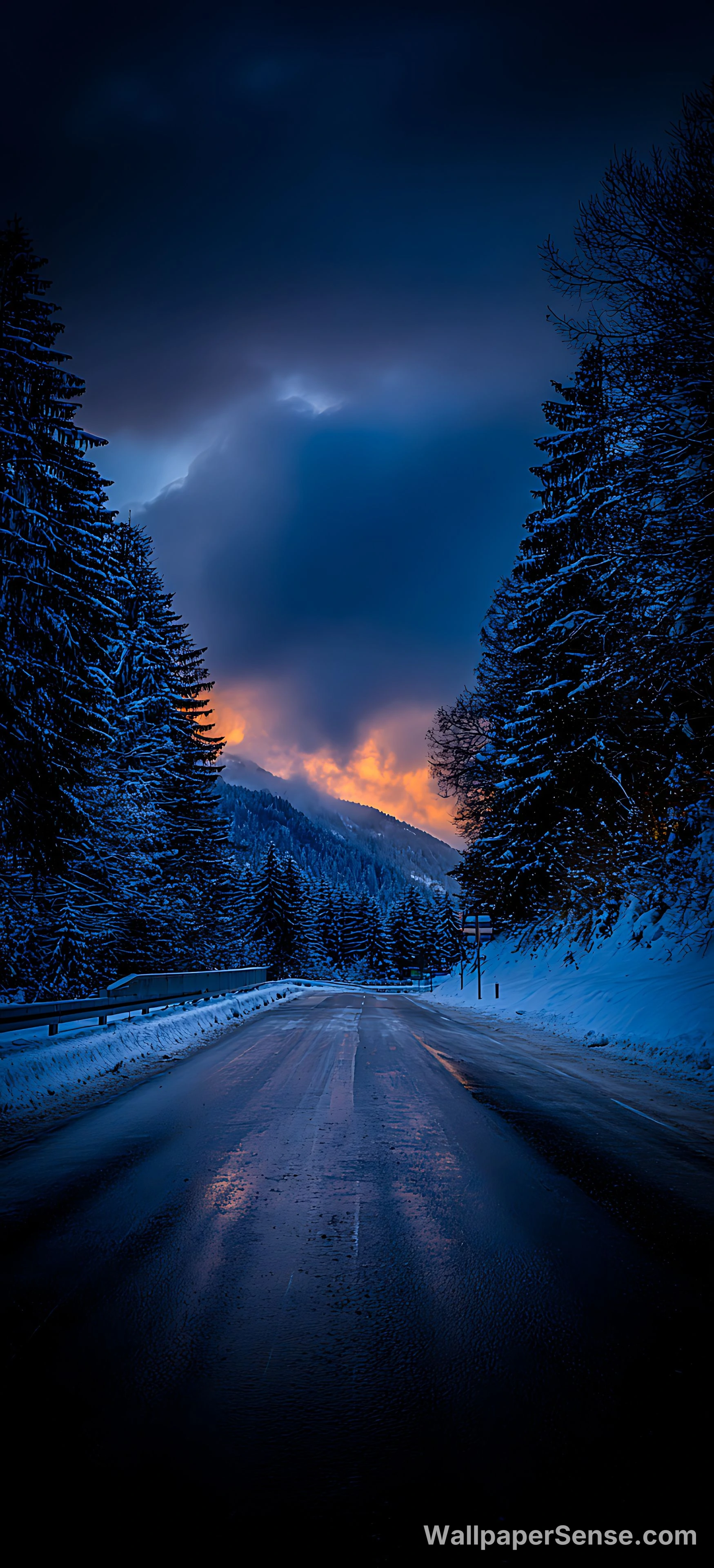 Route de montagne hivernale au coucher du soleil 8K Ultra HD Wallpaper pour téléphone