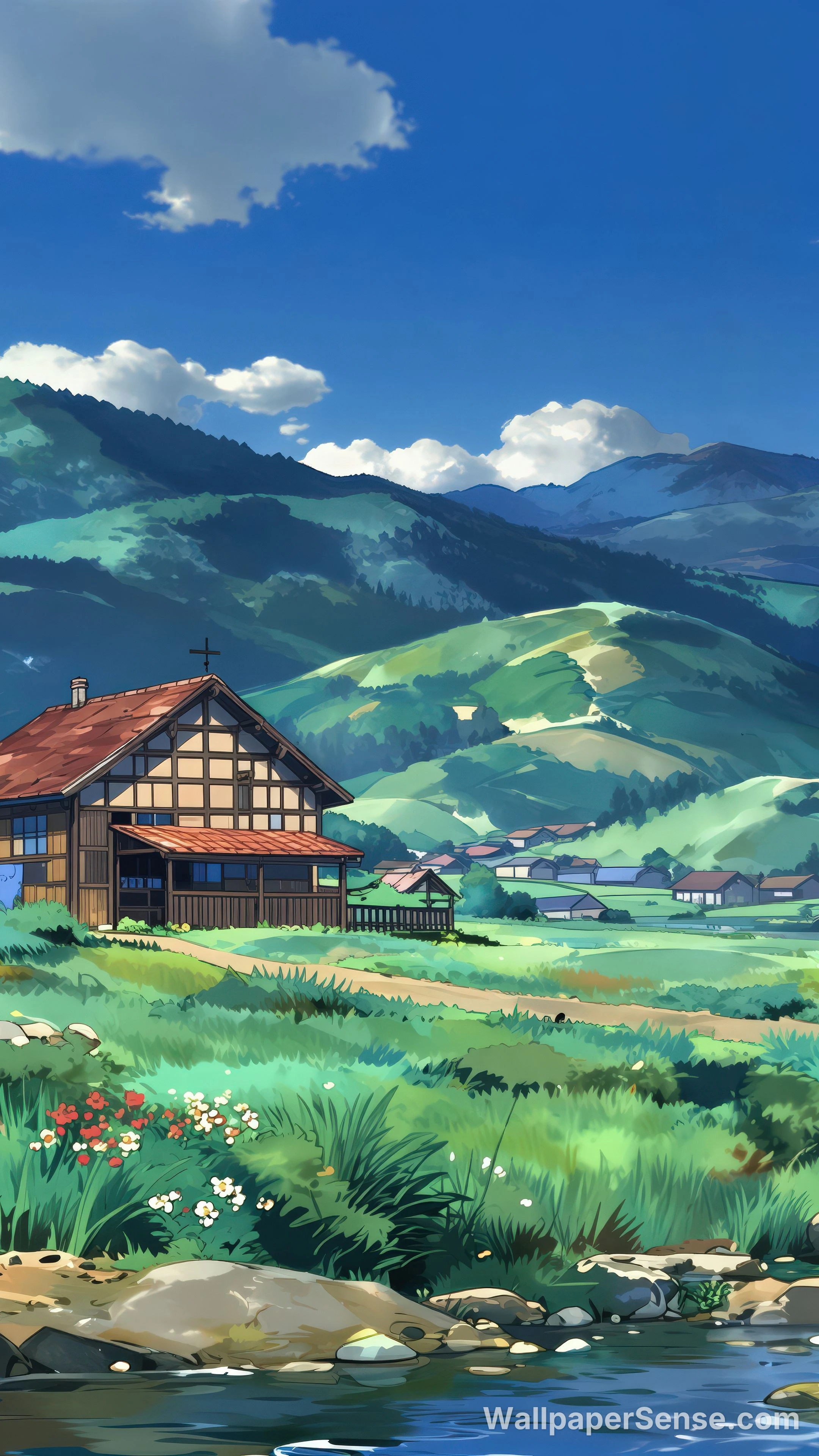 Anime alpská vesnice 8K Ultra HD mobilní pozadí