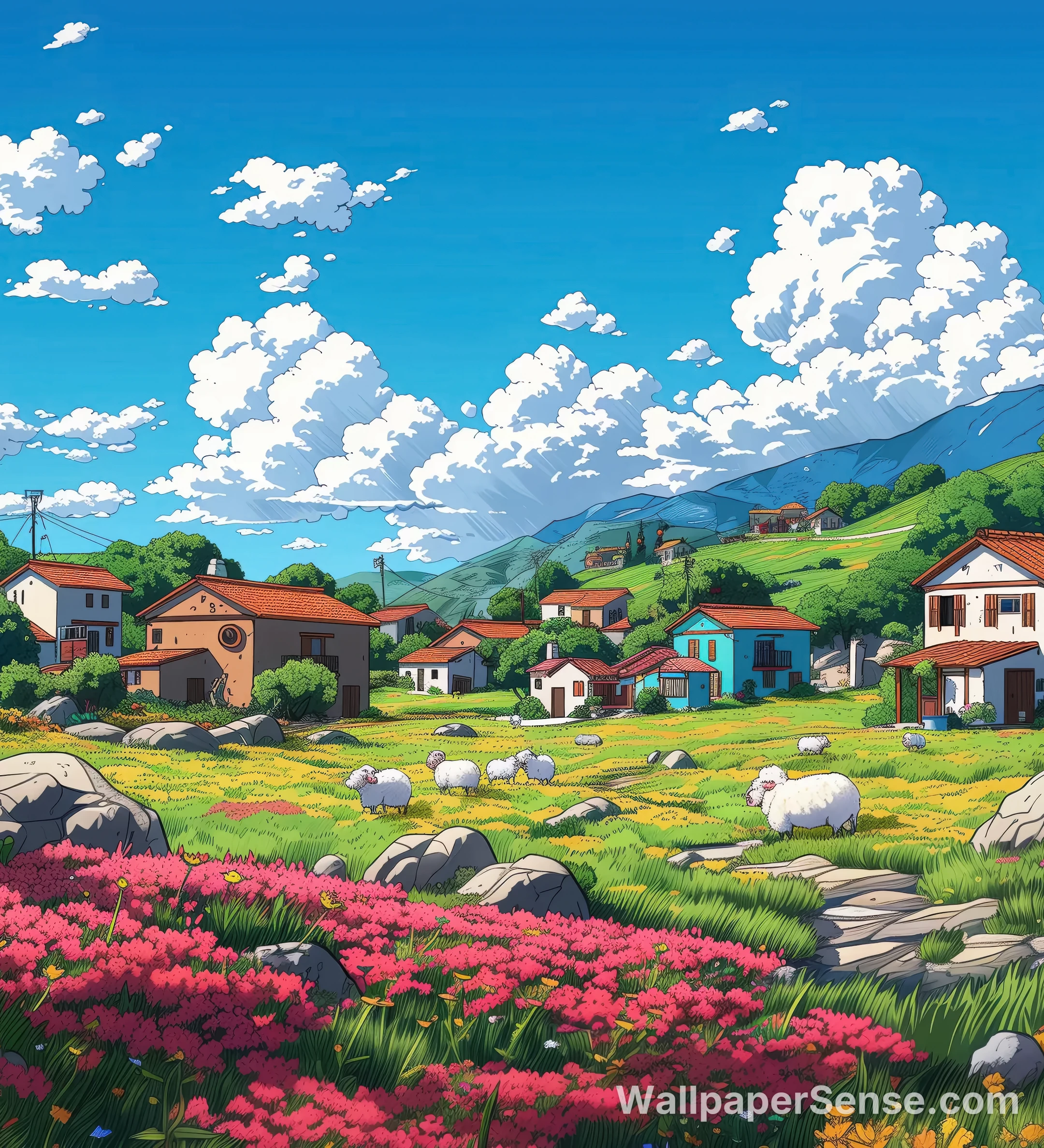 Anime Village Spring Meadow 8K Ultra HD Phone Wallpaper