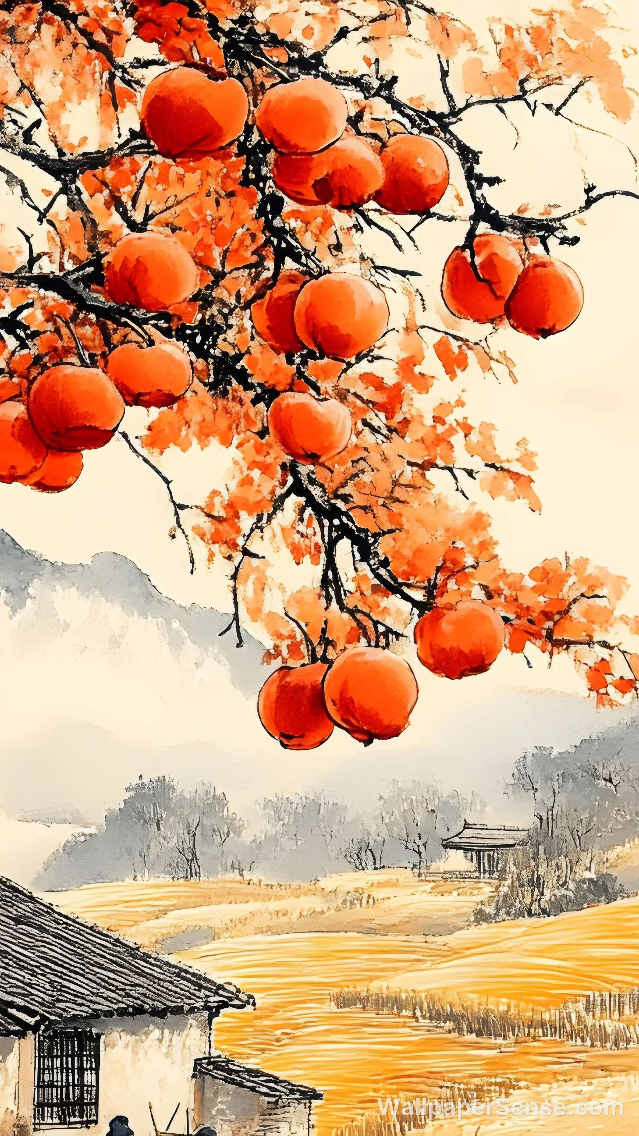 Chinese Style Persimmon Tree 8K Desktop Wallpaper
