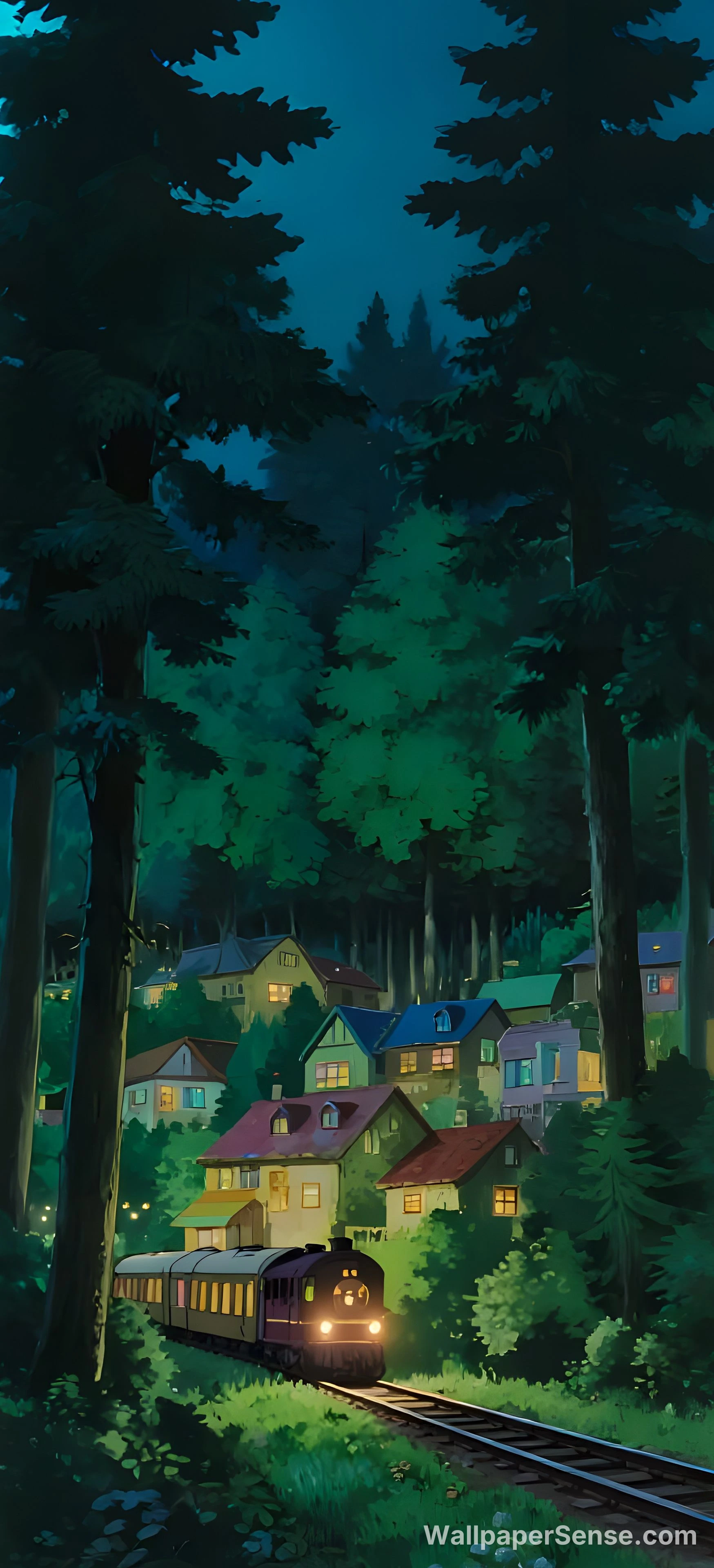 Anime-skovby tog 8K Ultra HD mobilbaggrund