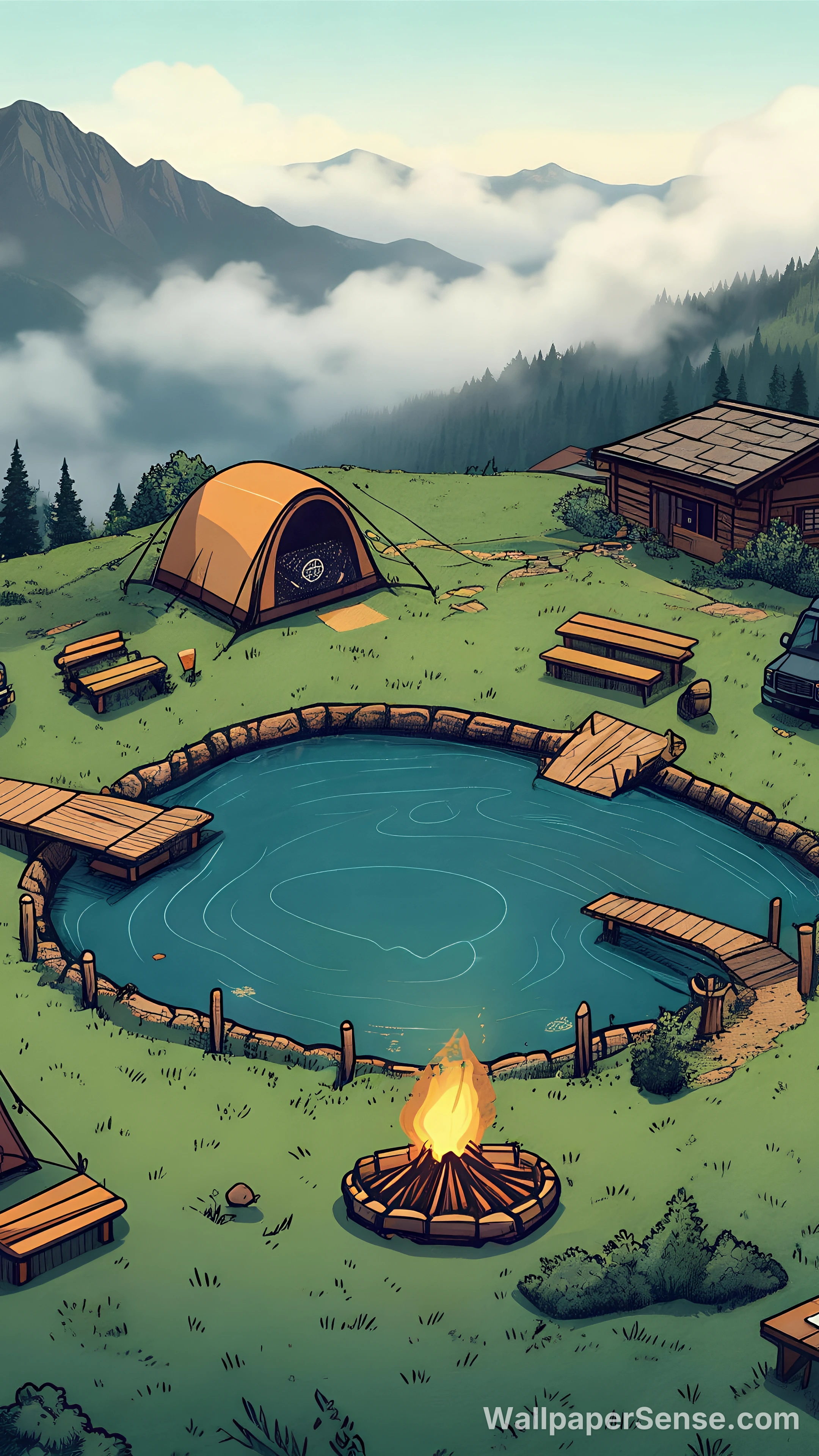 Cartoon-Style Mountain Camping 4K Desktop Wallpaper