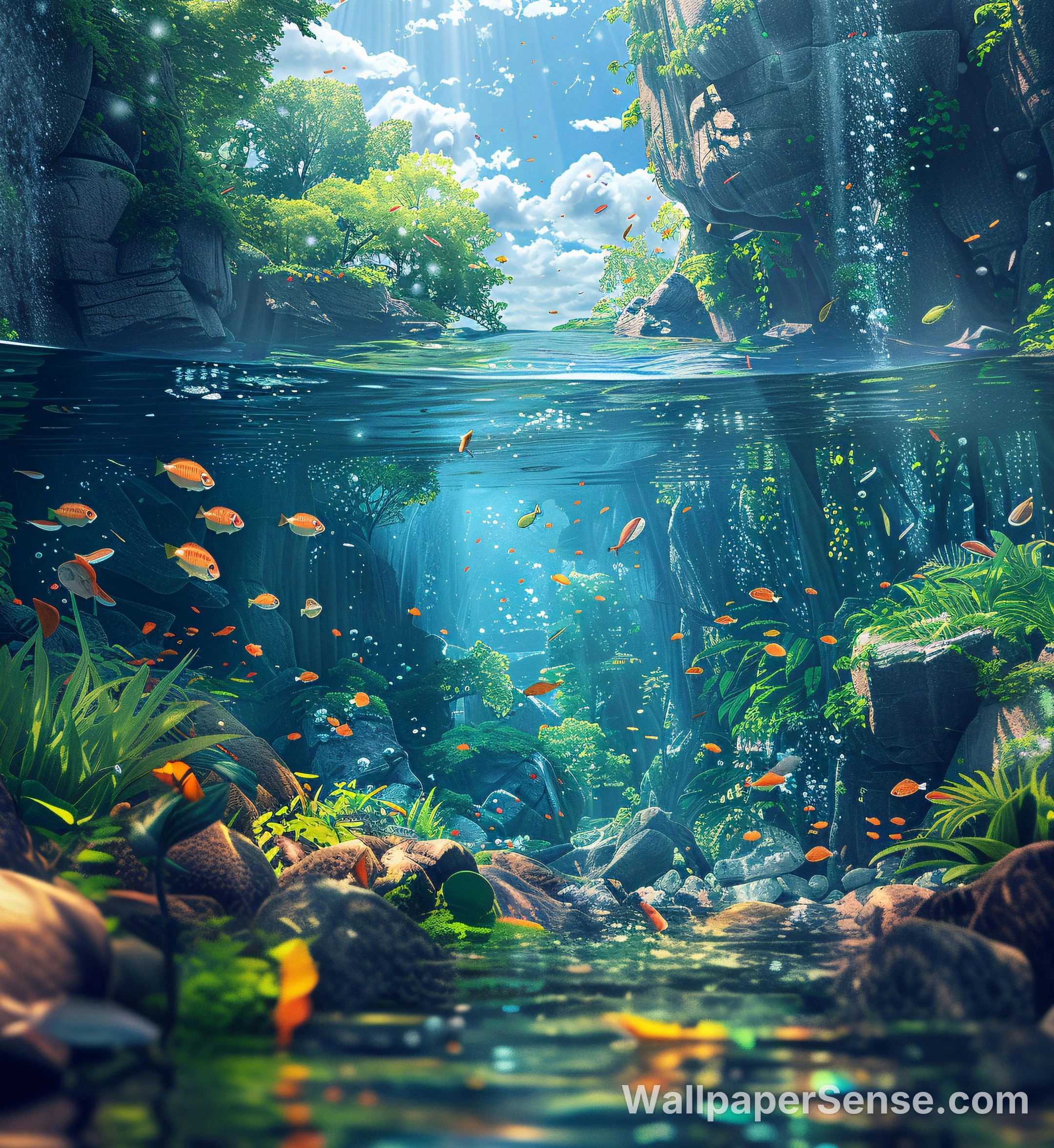 Oriental Art Underwater River 8K Ultra HD Phone Wallpaper
