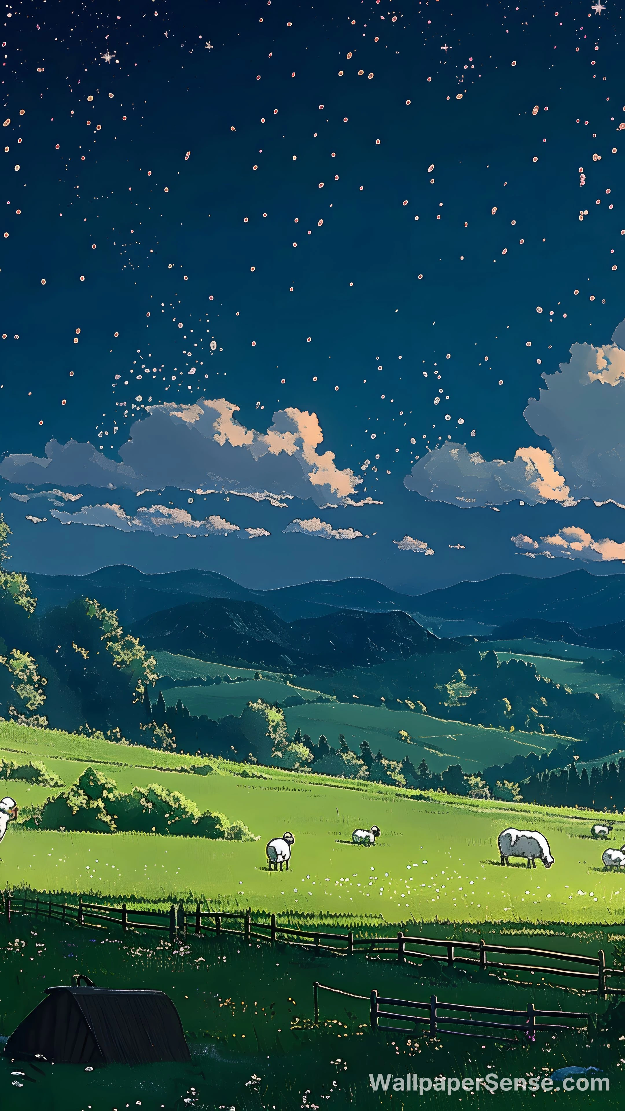 Miyazaki-Style Night Sky Prairie 8K Desktop Wallpaper