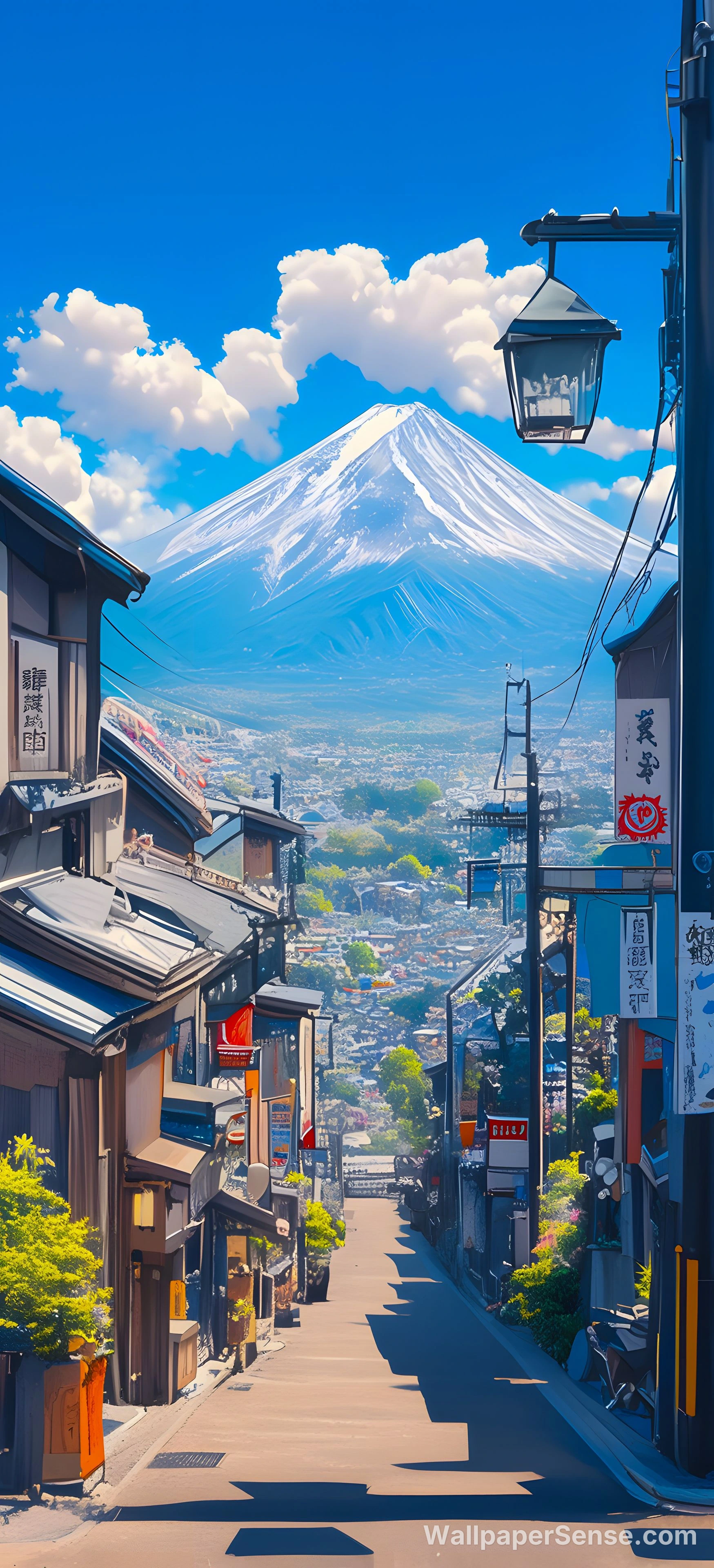 Japonská ulice s horským pohořím Fuji 8K ultra HD mobilní pozadí