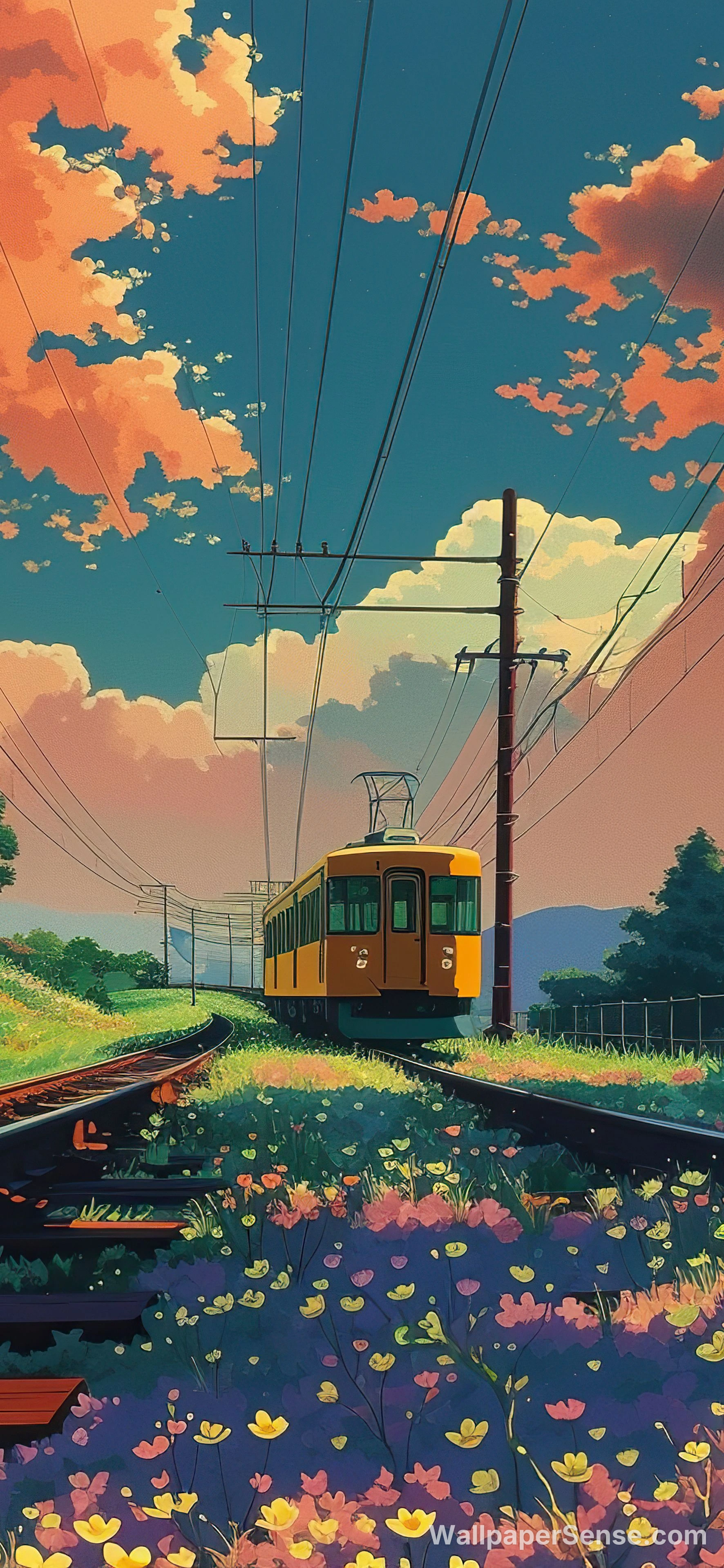 Anime styl jarní vlaková cesta 8K ultra HD mobilní pozadí