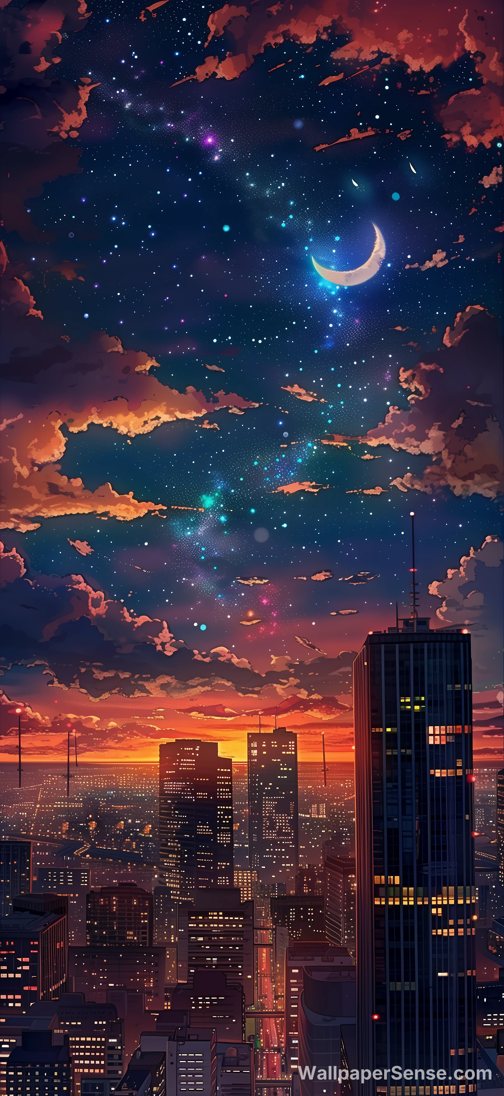 Anime-Style City Night Sky 8K Wallpaper