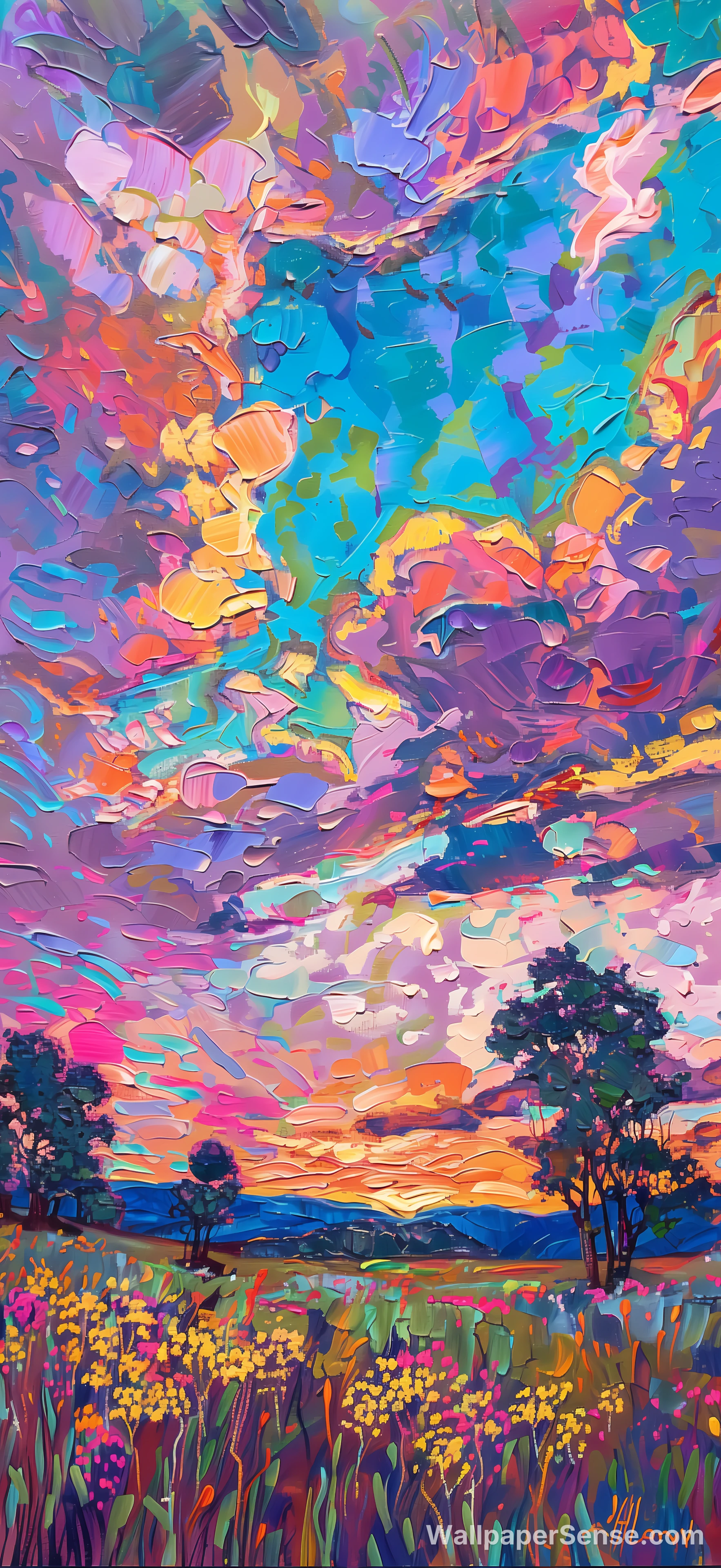Abstract Oil Painting Wildflower Field Sunset 8K Desktop Wallpaper