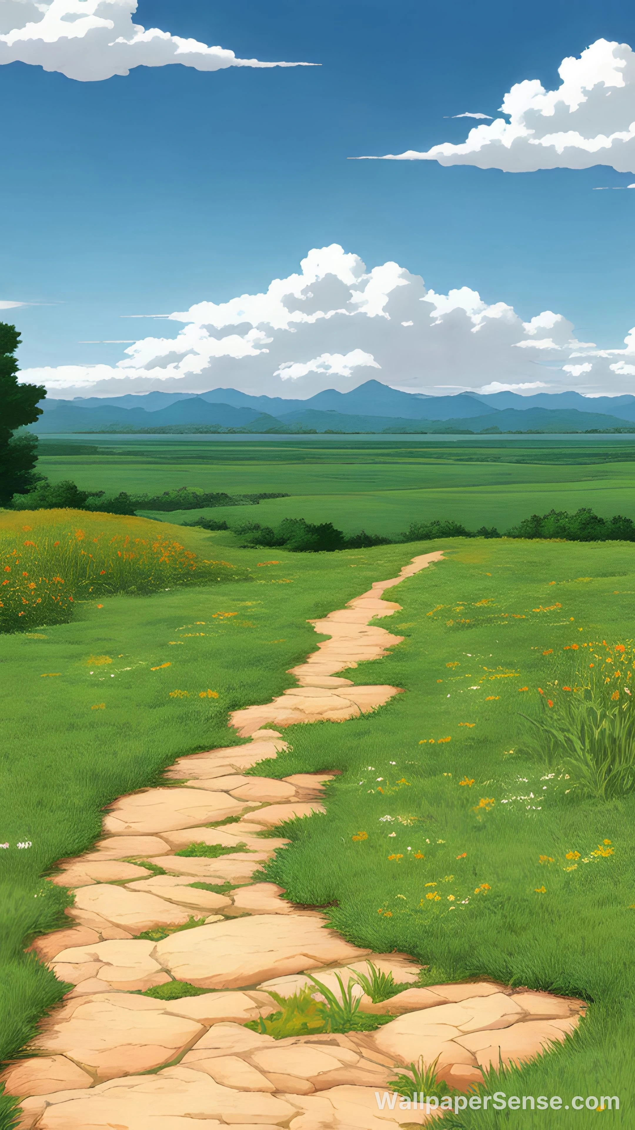 Studio Ghibli Style Cesta skrz zelené pole 8K Ultra HD mobilní pozadí