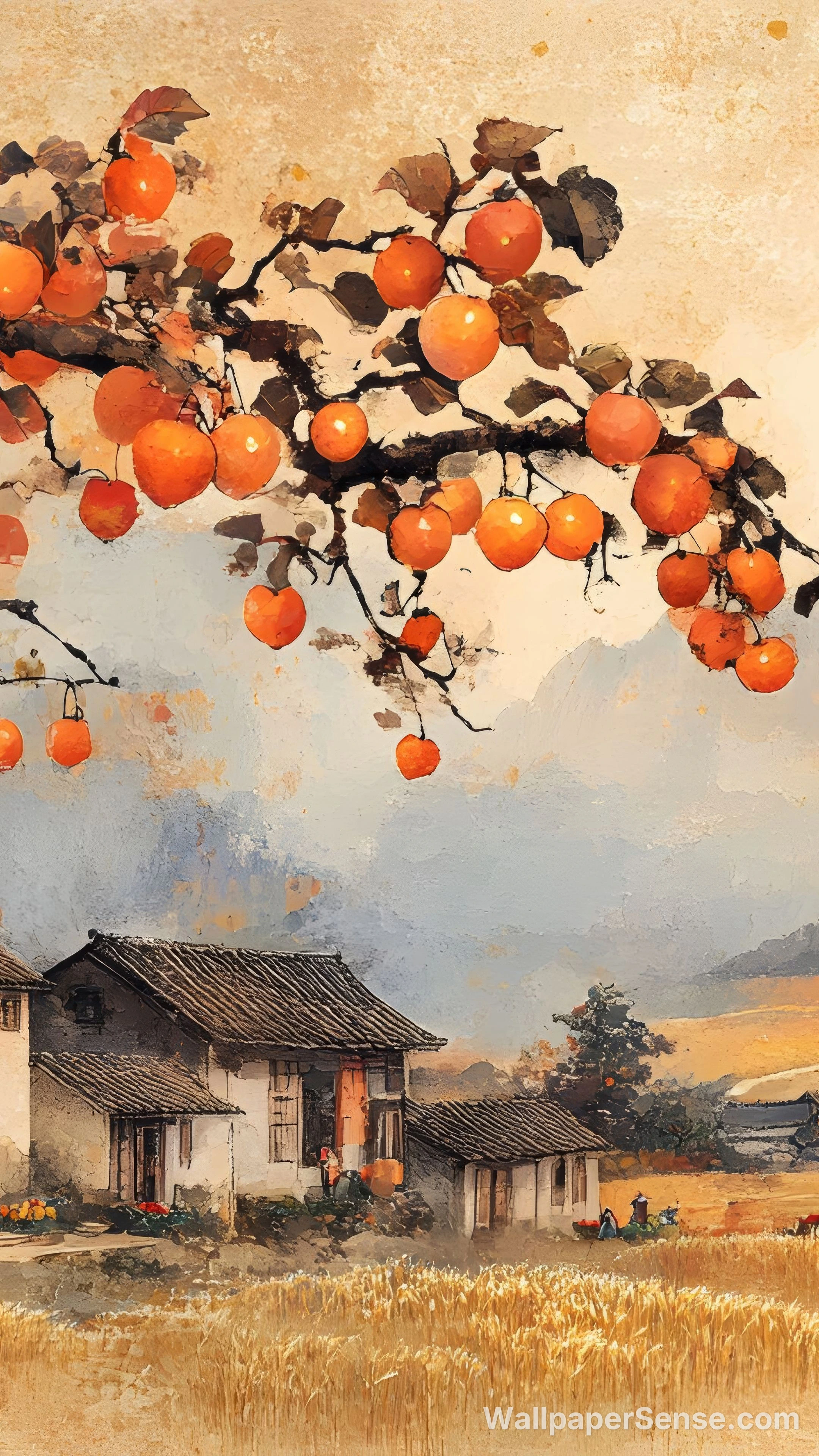 Chinese Style Persimmon Tree 8K Desktop Wallpaper