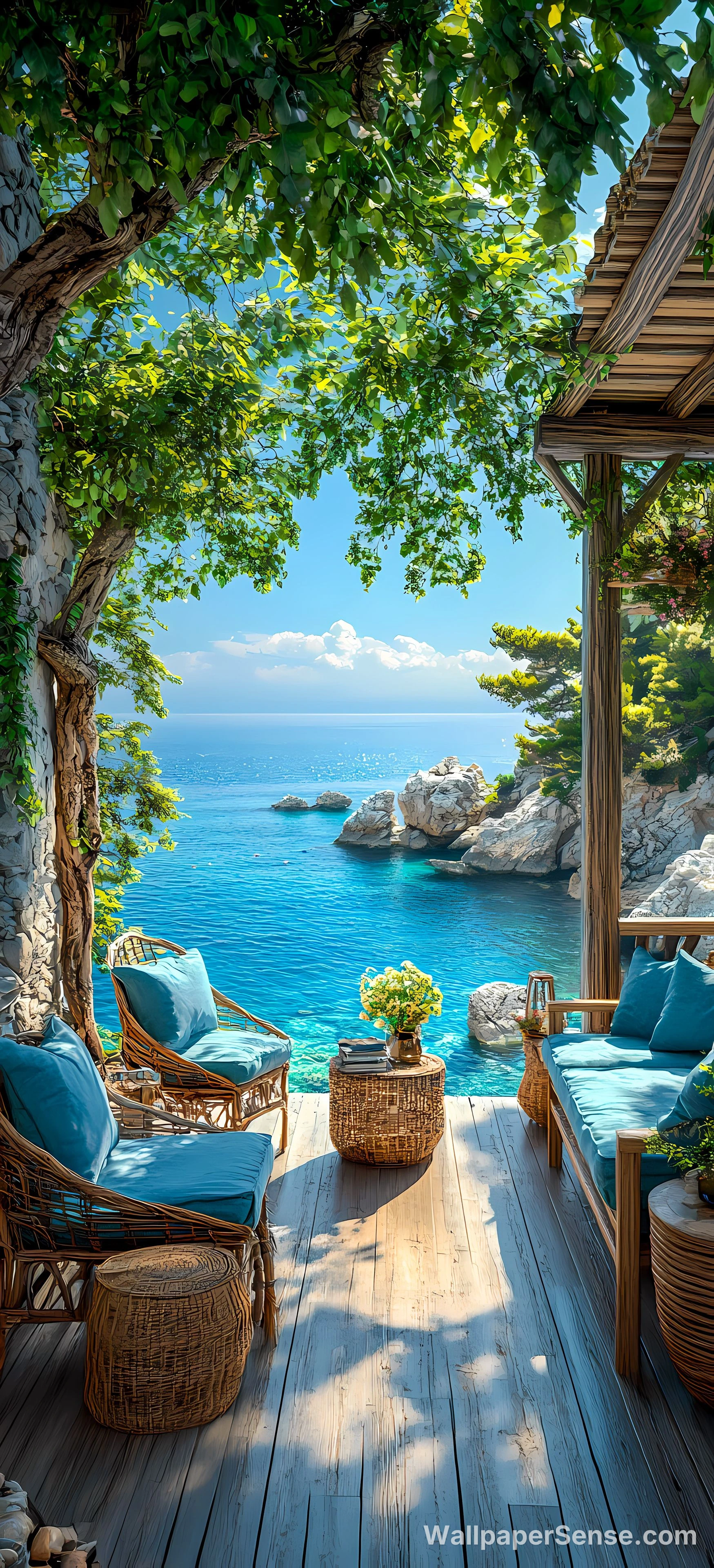 Mediterranean Coastal Terrace 8K Ultra HD Wallpaper per Smartphone