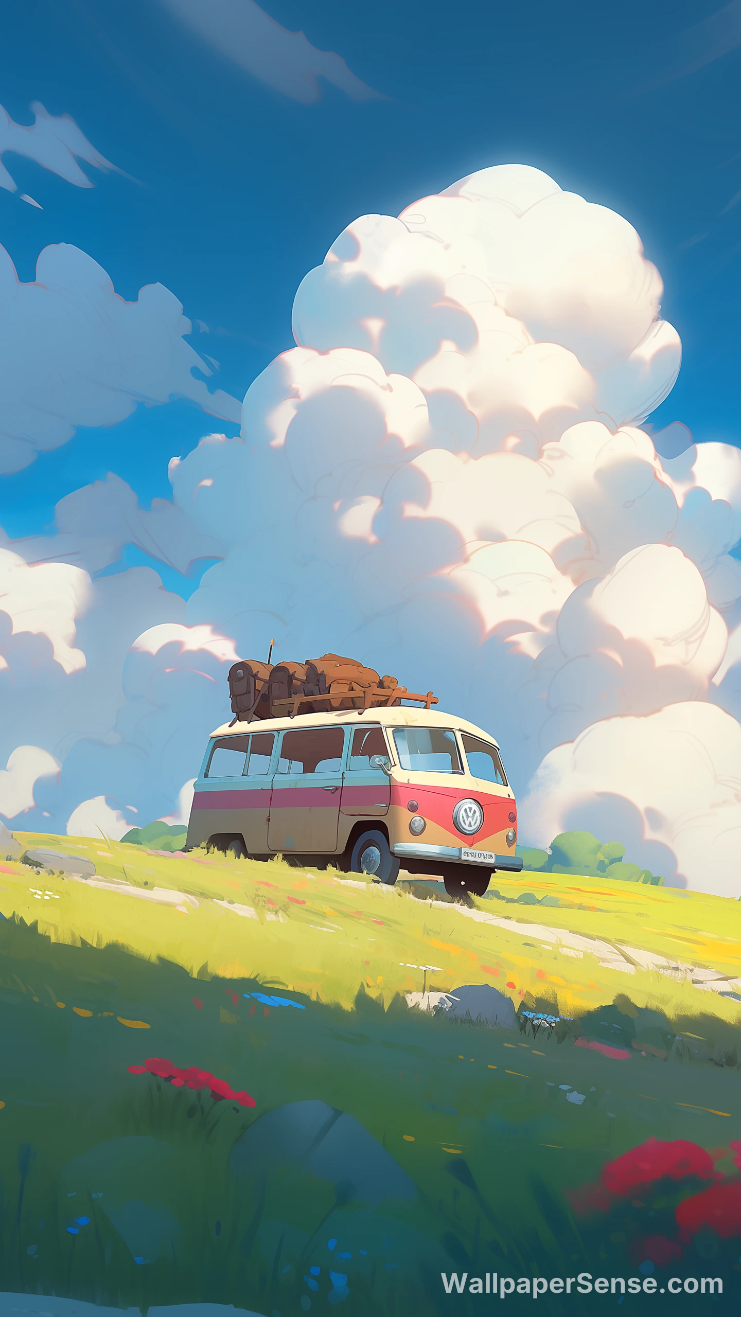 Anime-stijl wagen op weiland 4K telefoonachtergrond