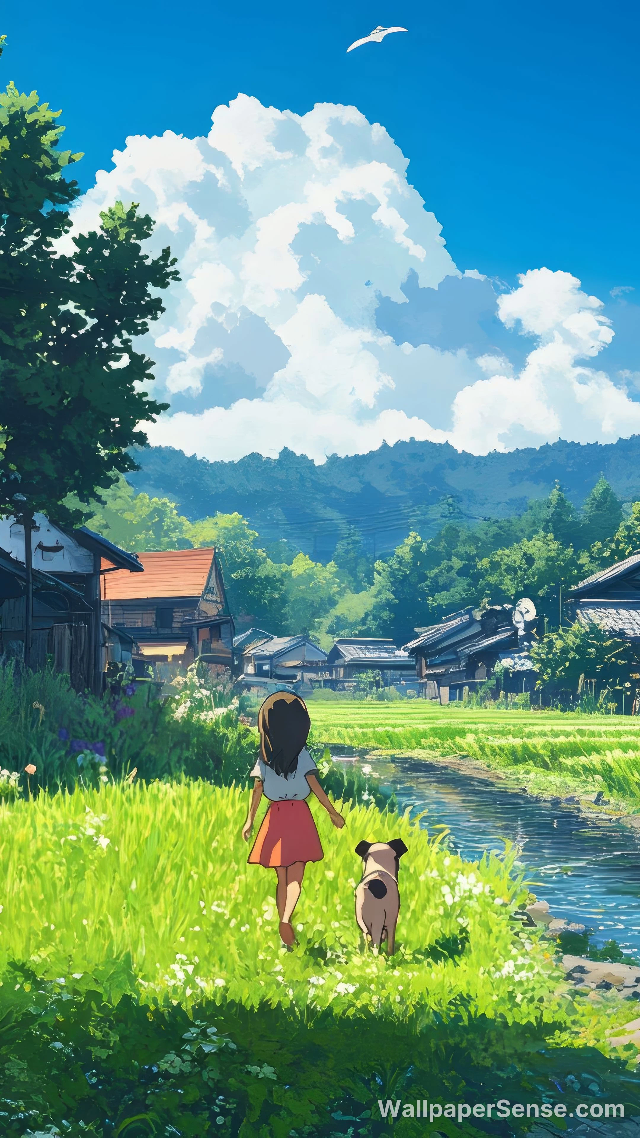 Japonský styl: venkovská dívka a štěňátko, tapeta 8K