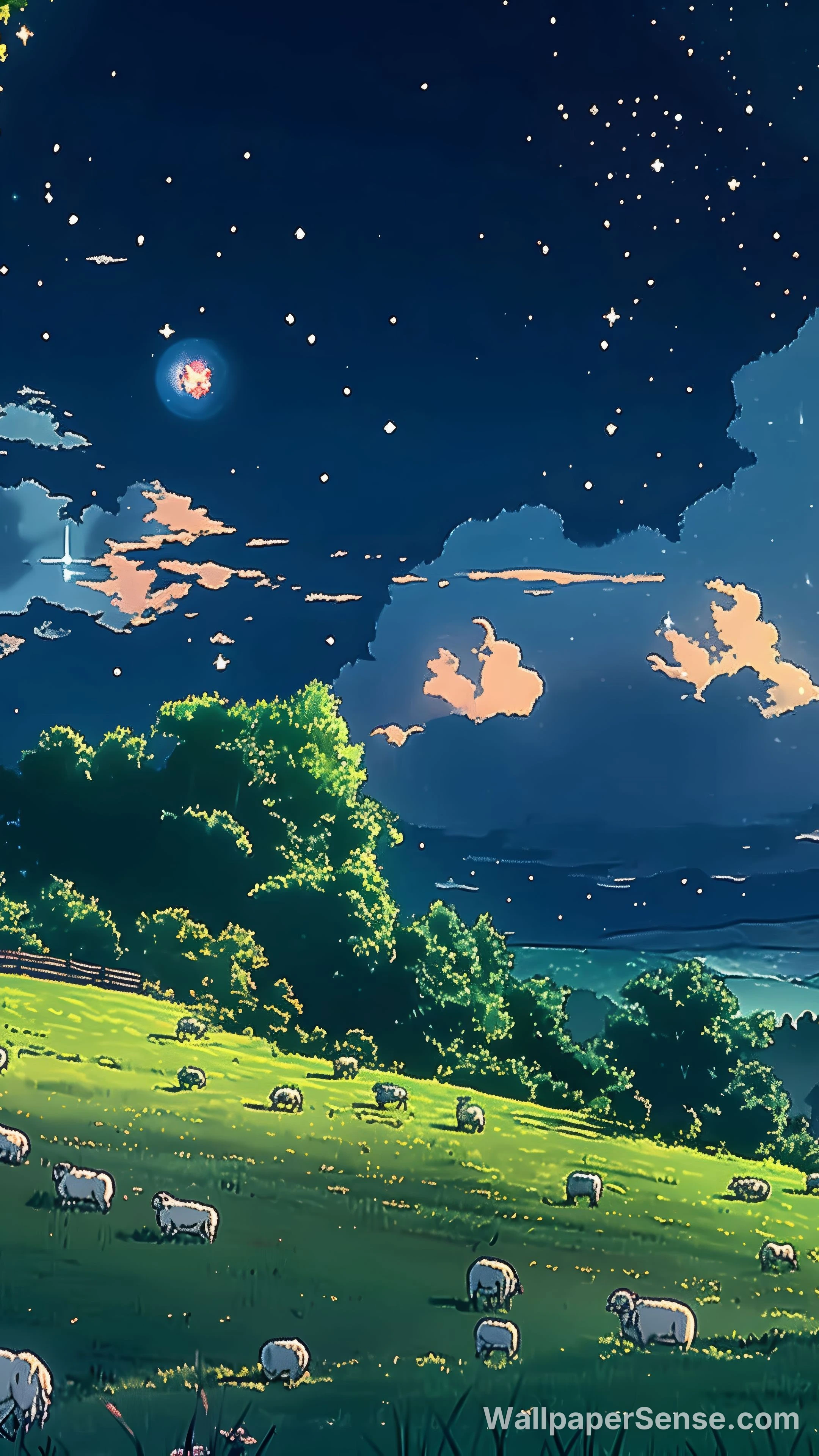 Miyazaki-Style Night Sky Pasture 8K Desktop Wallpaper