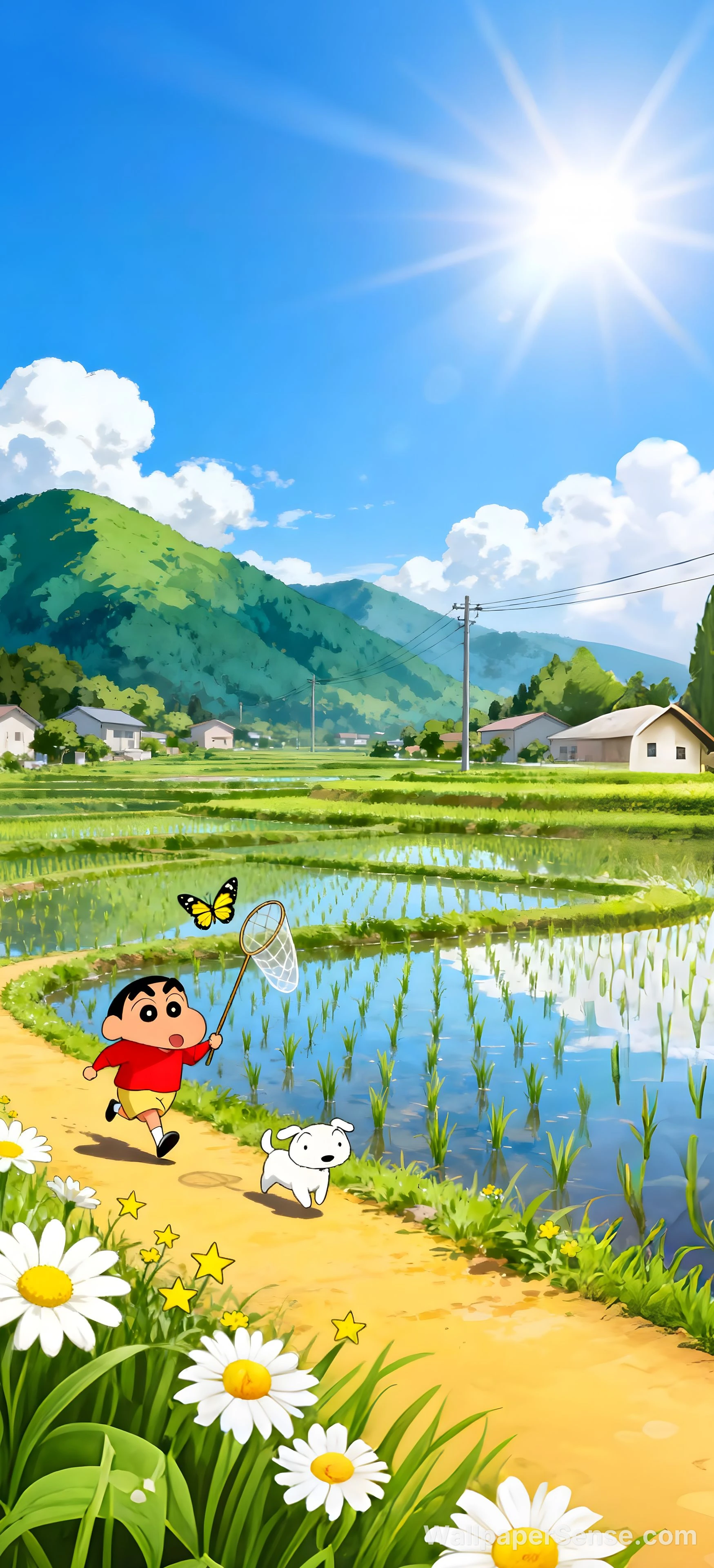 Anime landelijke rijstvelden 8K Ultra HD telefoon achtergrond