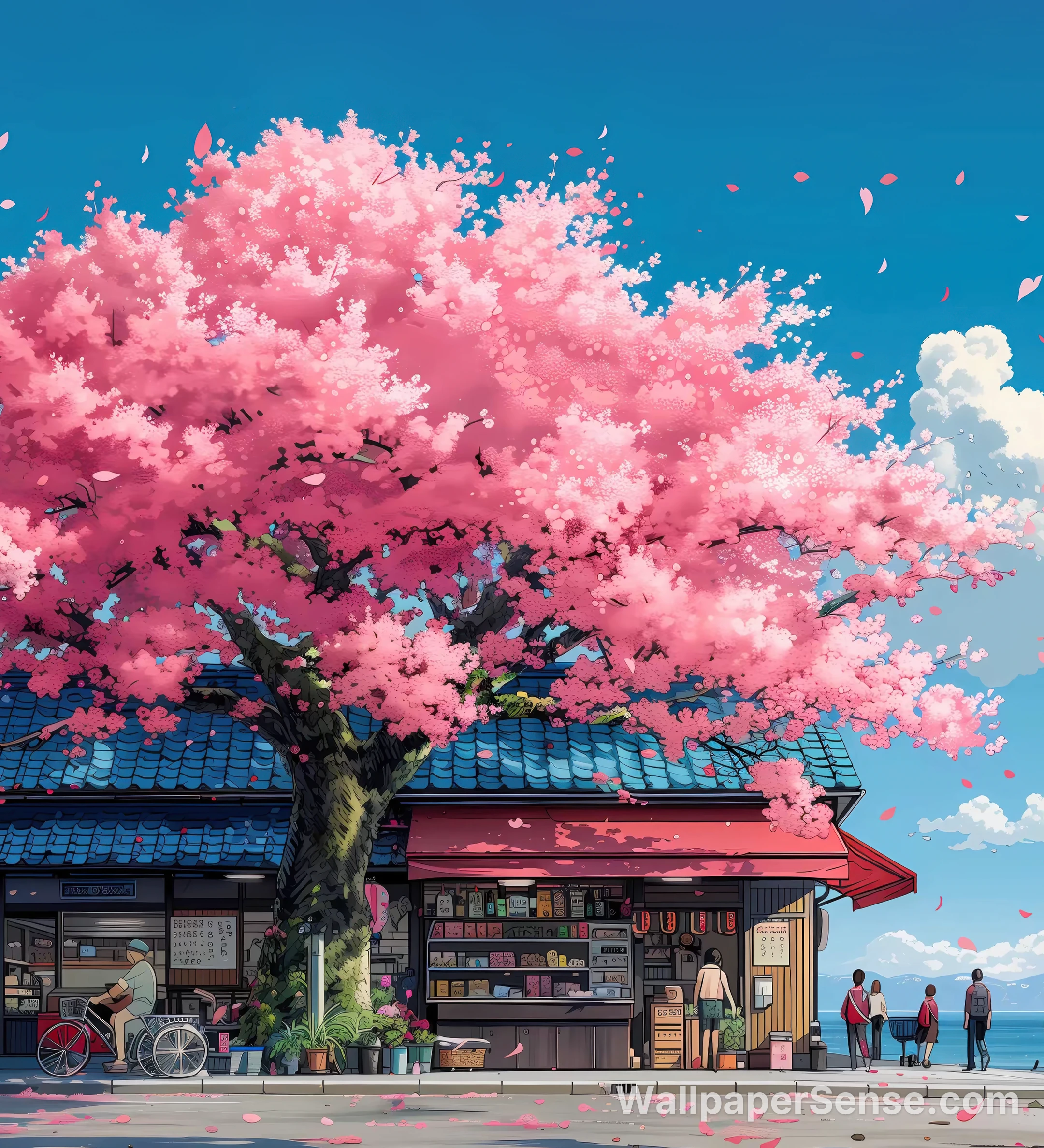 Japonská ulice s výhonkem červených květů 4K mobilní pozadí