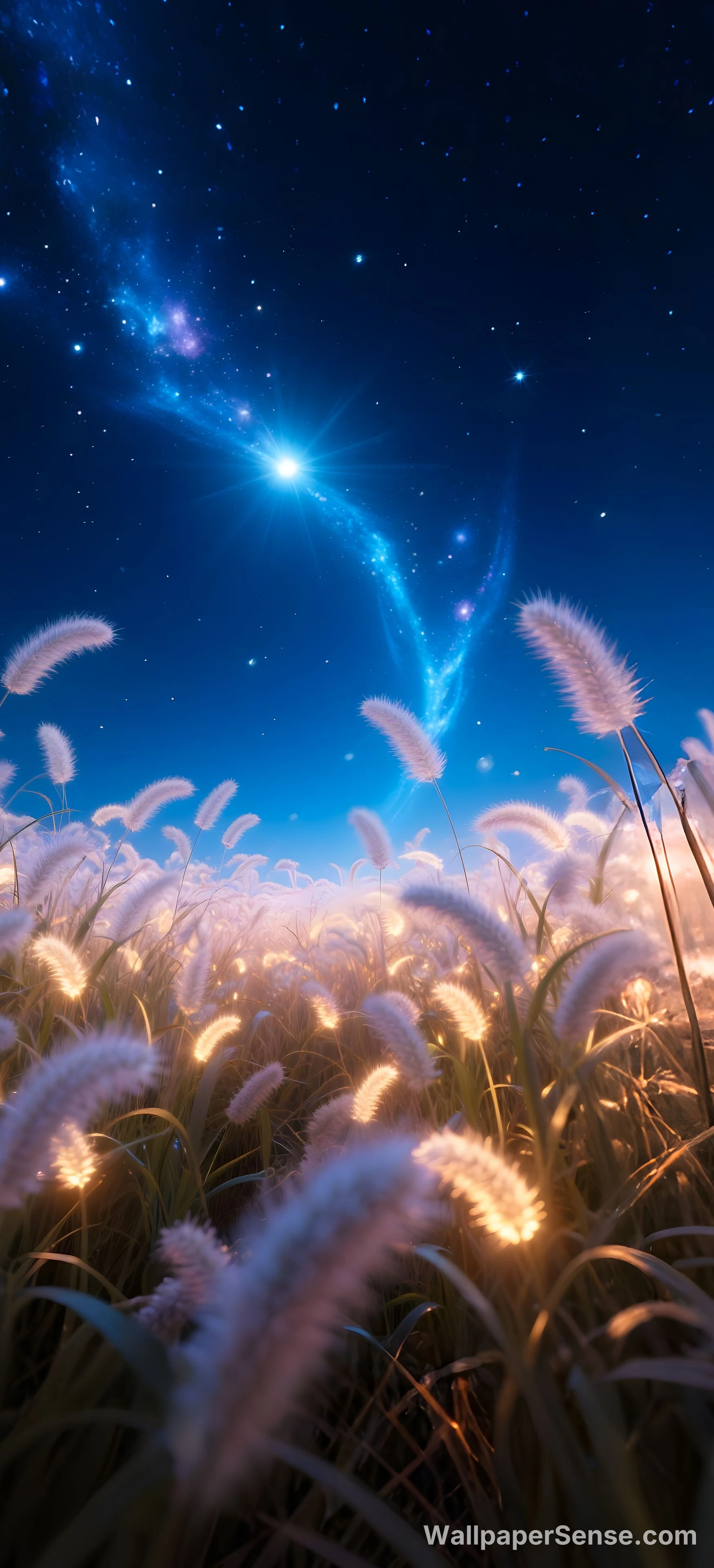 Ciel nocturne cosmique au-dessus d'une prairie lumineuse 8K Ultra HD fond d'écran pour téléphone