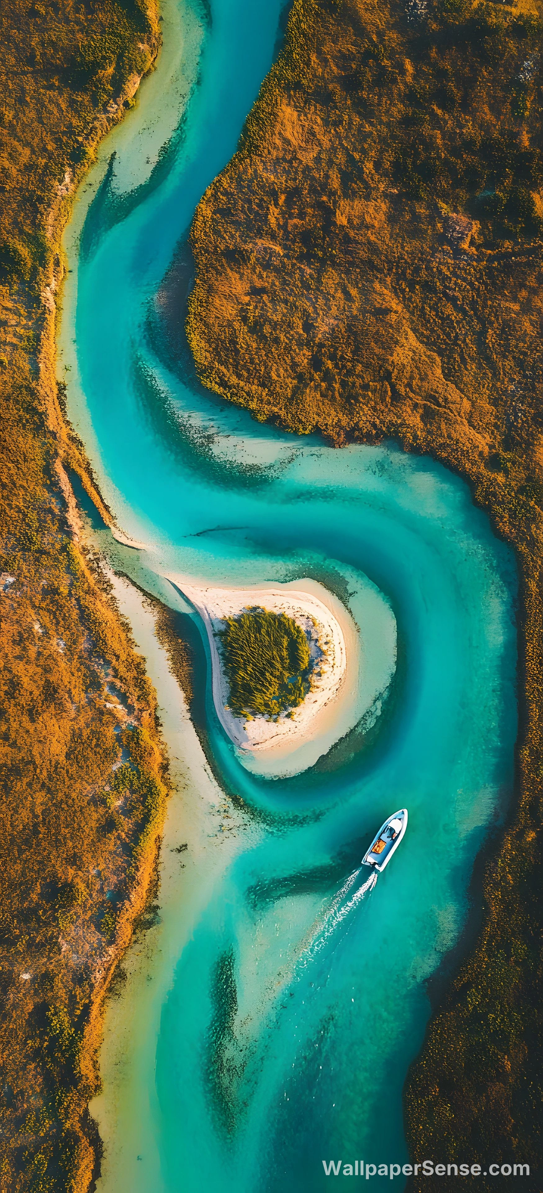 Aerofotografie zákrutové řeky 8K ultra HD mobilní pozadí