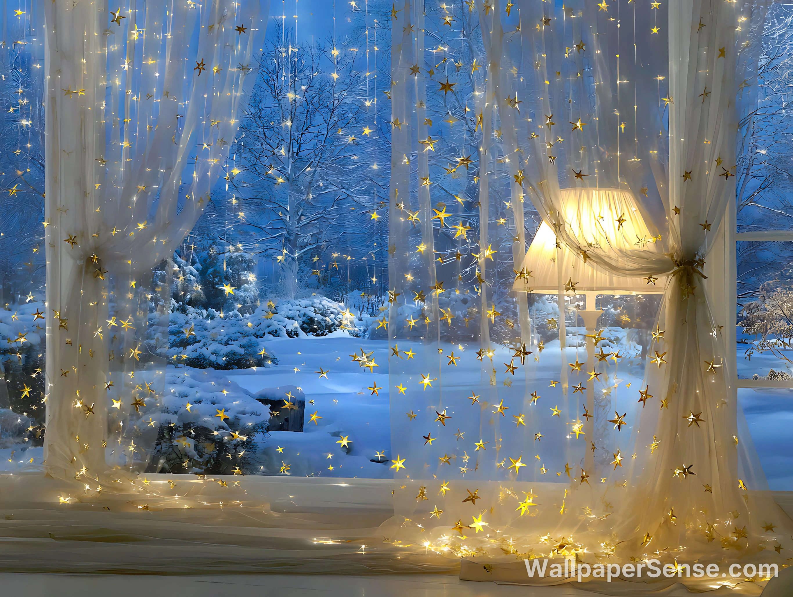 Collection de fonds d'écran 8K Ultra HD Scène de fenêtre d'hiver - Vue de fenêtre hivernale avec lumières d'étoiles 4K Wallpaper