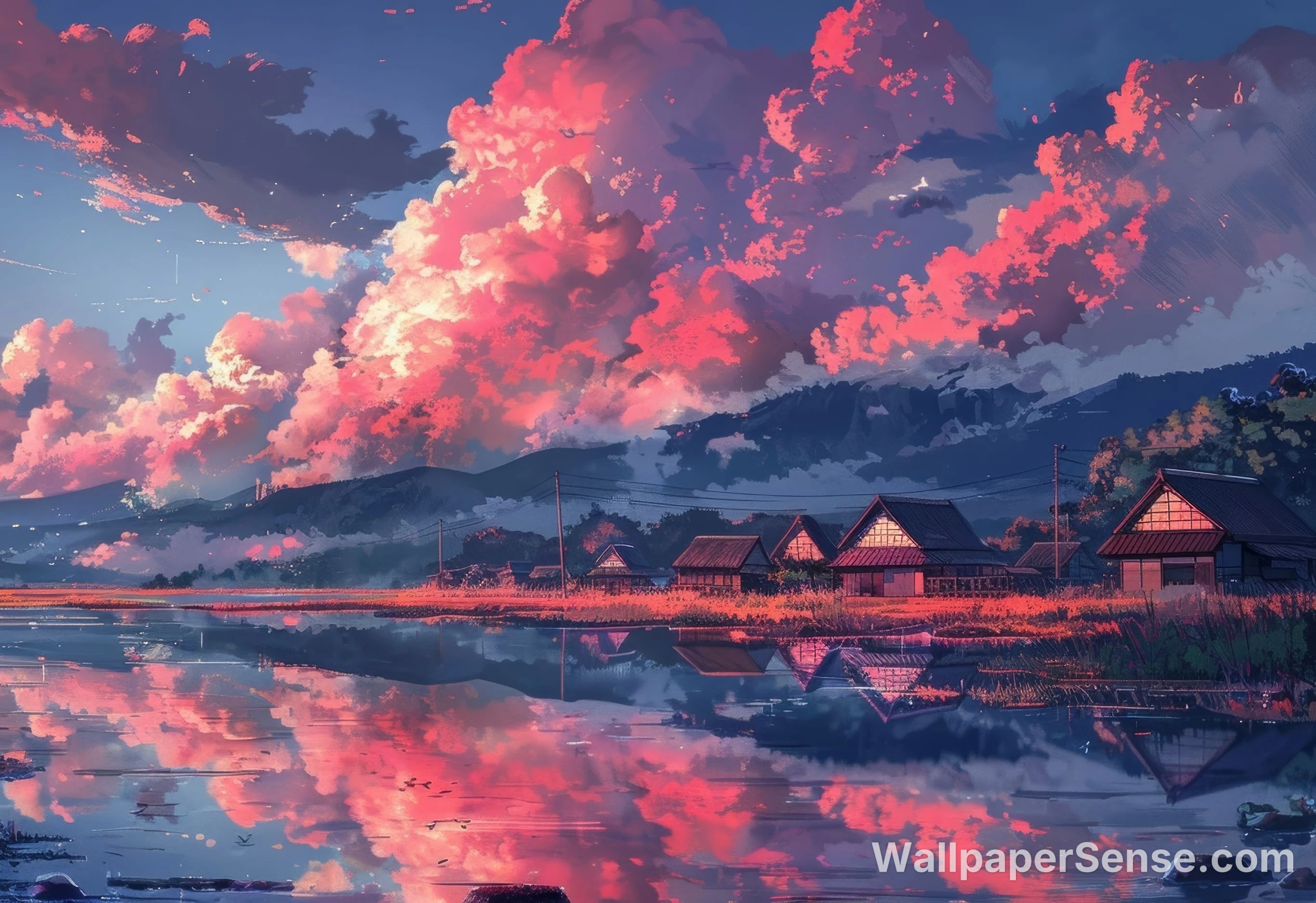 Japonský anime vesnička západ slunce 8K Ultra HD tabletový pozadí