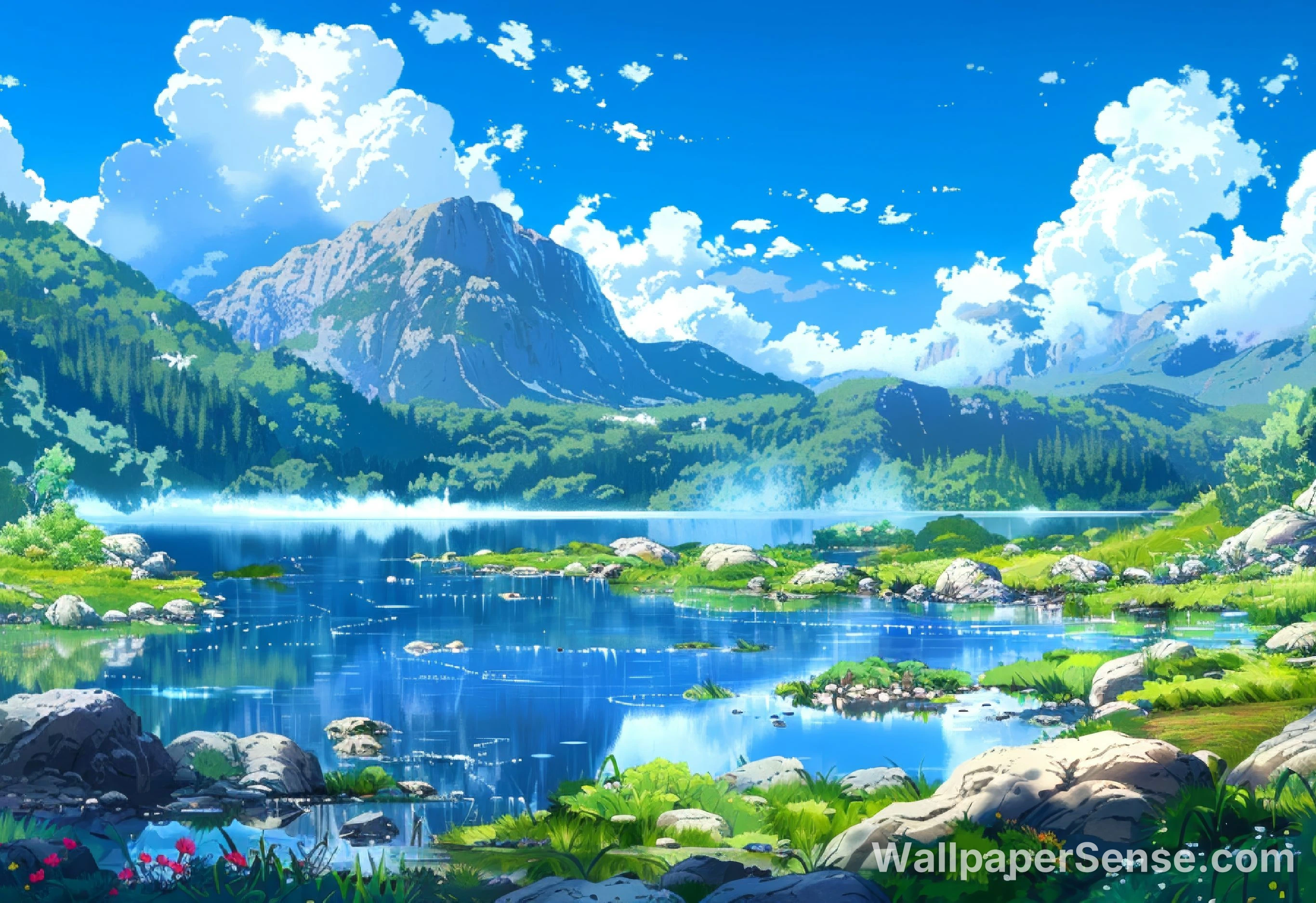 Japanese Anime Lake and Mountain Landscape 8K Desktop Wallpaper